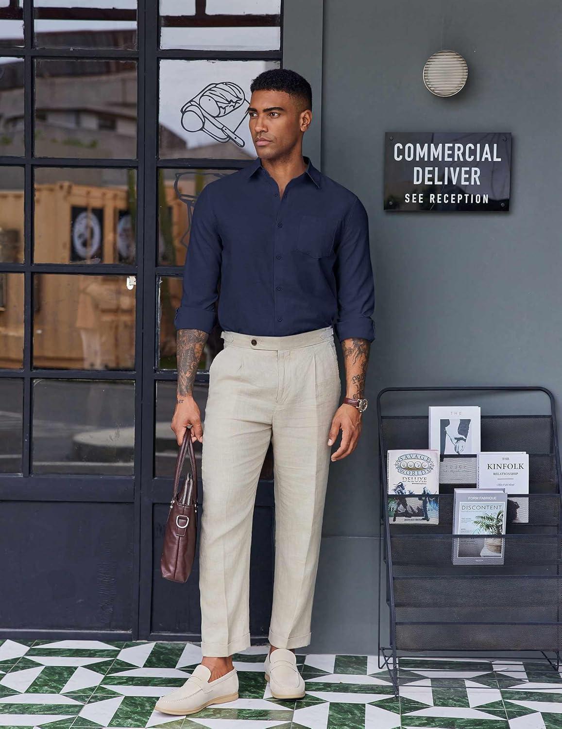 imageCOOFANDY Mens Oxford Shirt Long Sleeve Casual Button Down Shirts Soild Dress Shirts with PocketNavy Blue