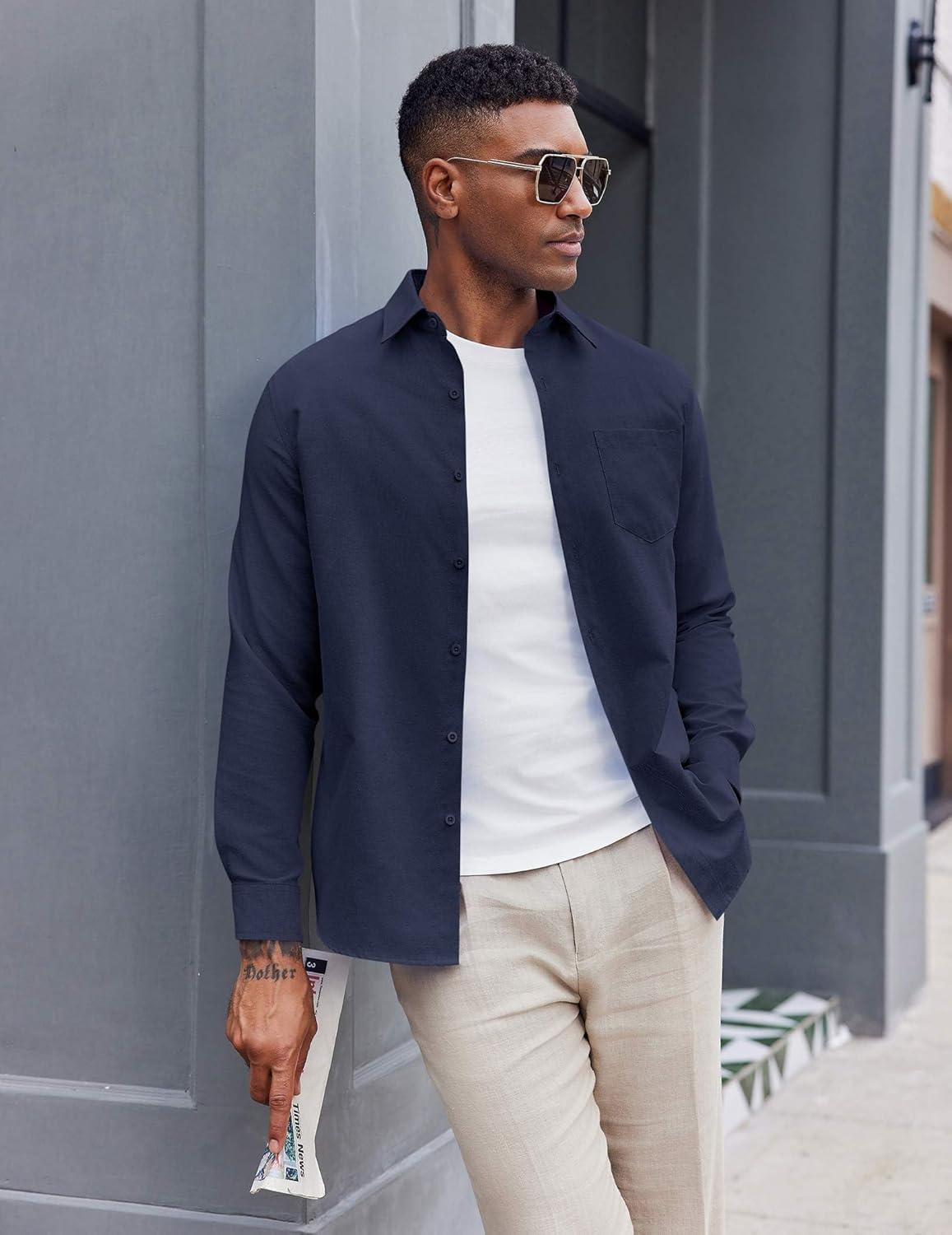 imageCOOFANDY Mens Oxford Shirt Long Sleeve Casual Button Down Shirts Soild Dress Shirts with PocketNavy Blue