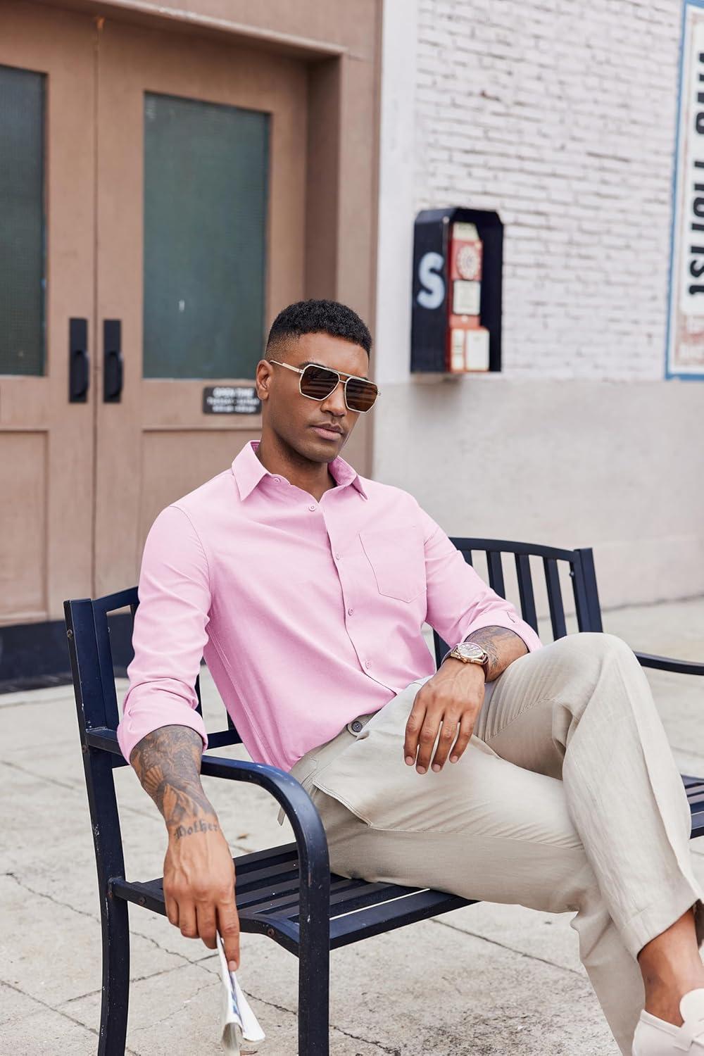 imageCOOFANDY Mens Oxford Shirt Long Sleeve Casual Button Down Shirts Soild Dress Shirts with PocketPink