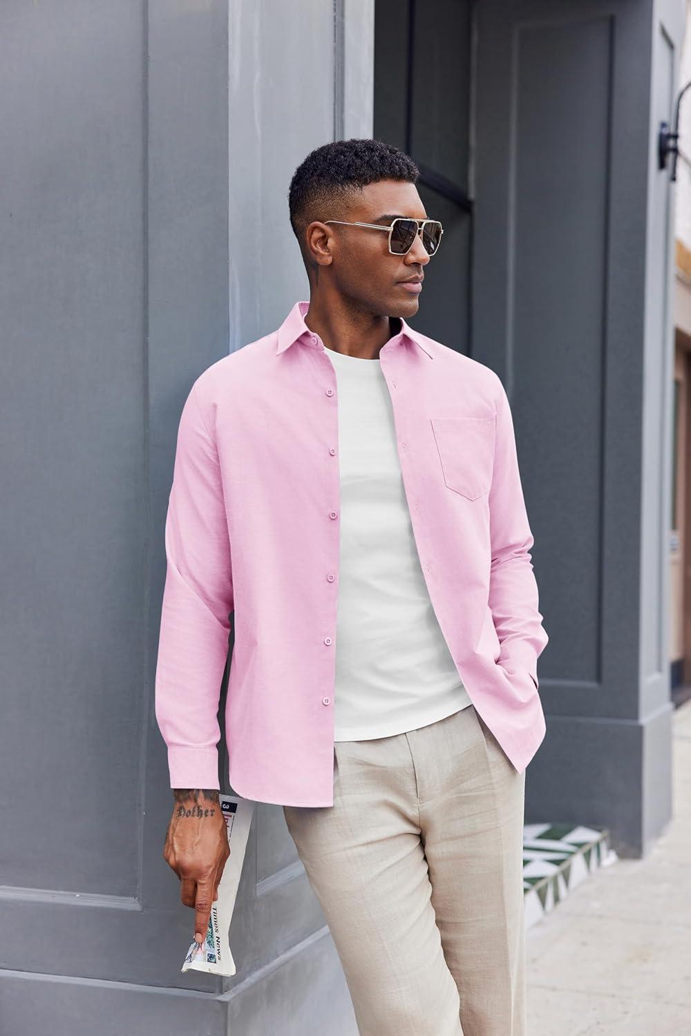 imageCOOFANDY Mens Oxford Shirt Long Sleeve Casual Button Down Shirts Soild Dress Shirts with PocketPink