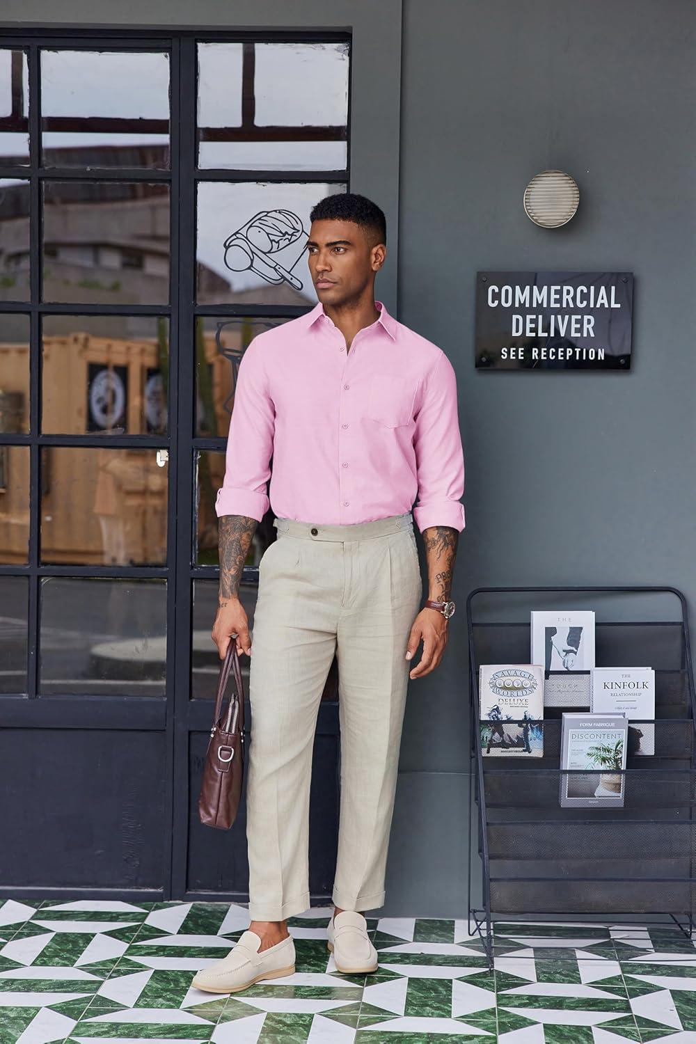 imageCOOFANDY Mens Oxford Shirt Long Sleeve Casual Button Down Shirts Soild Dress Shirts with PocketPink