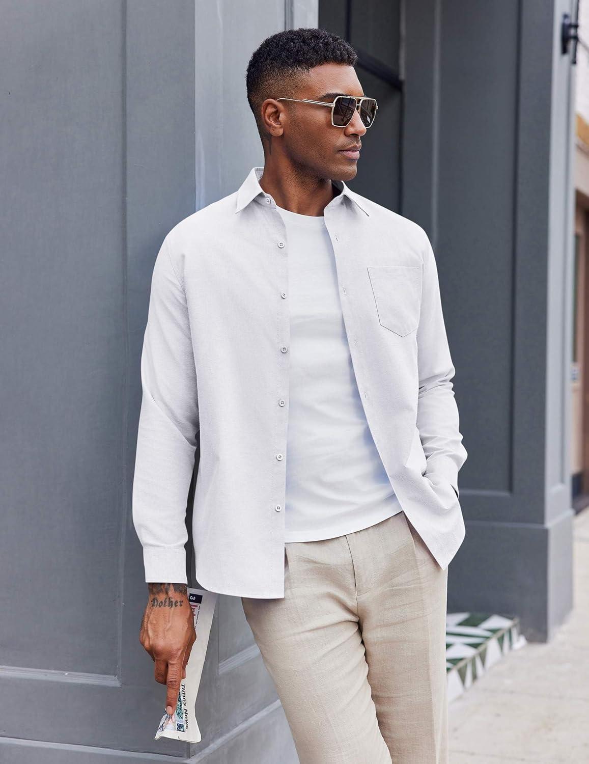 imageCOOFANDY Mens Oxford Shirt Long Sleeve Casual Button Down Shirts Soild Dress Shirts with PocketWhite