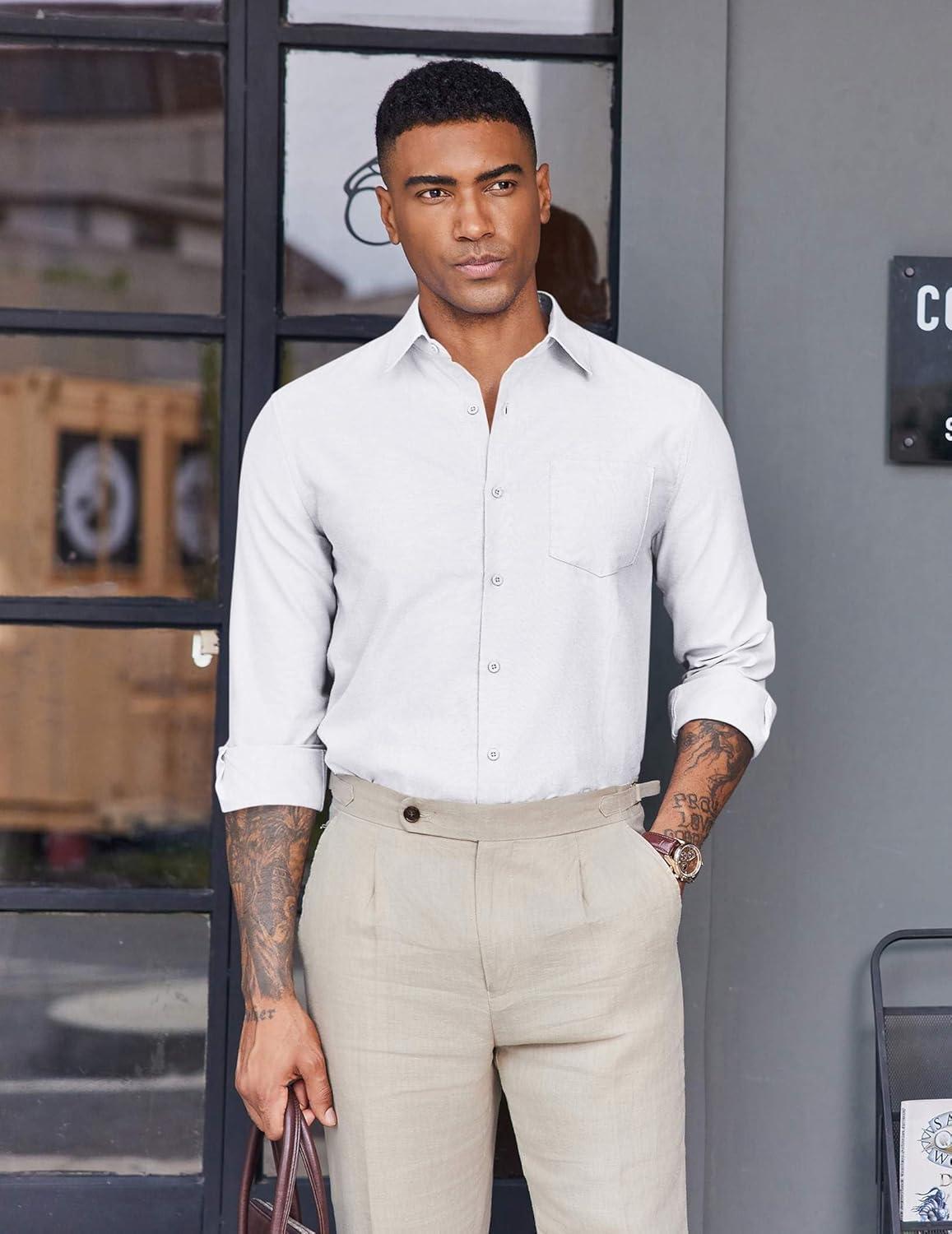 imageCOOFANDY Mens Oxford Shirt Long Sleeve Casual Button Down Shirts Soild Dress Shirts with PocketWhite