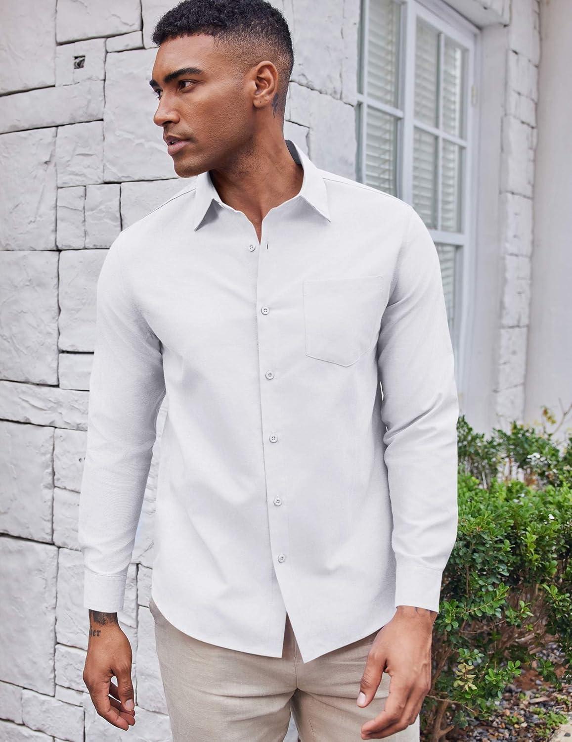 imageCOOFANDY Mens Oxford Shirt Long Sleeve Casual Button Down Shirts Soild Dress Shirts with PocketWhite