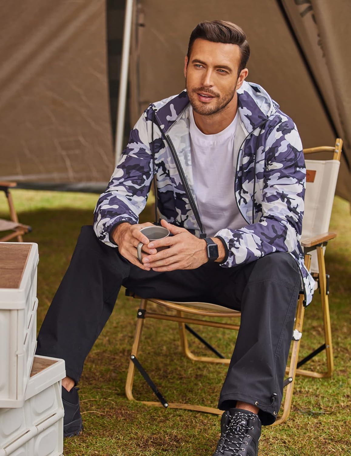 imageCOOFANDY Mens Packable Rain Jacket Lightweight Waterproof Raincoat with Hood Travel Hiking Golf WindbreakerBlack Camo