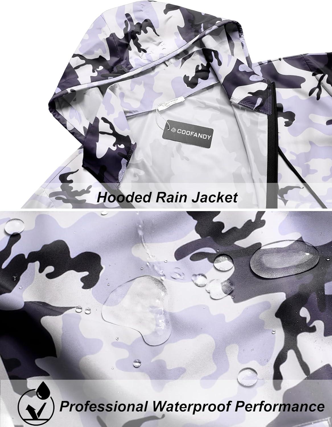 imageCOOFANDY Mens Packable Rain Jacket Lightweight Waterproof Raincoat with Hood Travel Hiking Golf WindbreakerBlack Camo