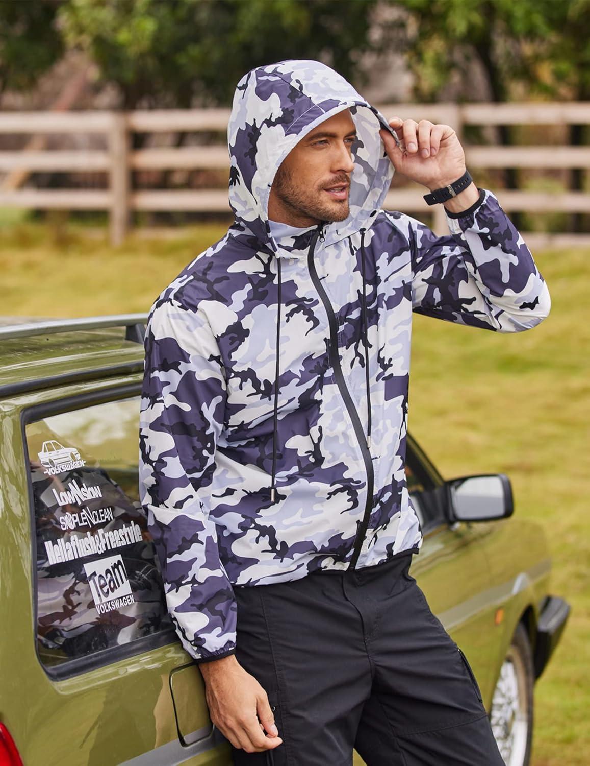 imageCOOFANDY Mens Packable Rain Jacket Lightweight Waterproof Raincoat with Hood Travel Hiking Golf WindbreakerBlack Camo