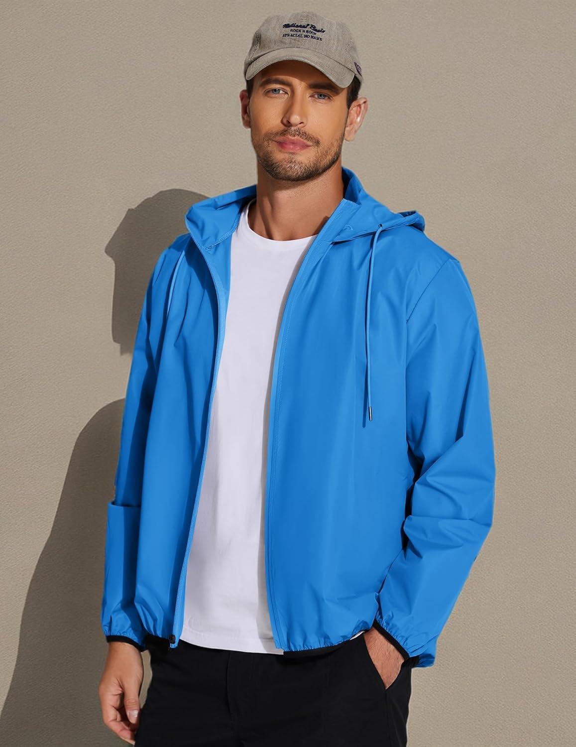 imageCOOFANDY Mens Packable Rain Jacket Lightweight Waterproof Raincoat with Hood Travel Hiking Golf WindbreakerBlue