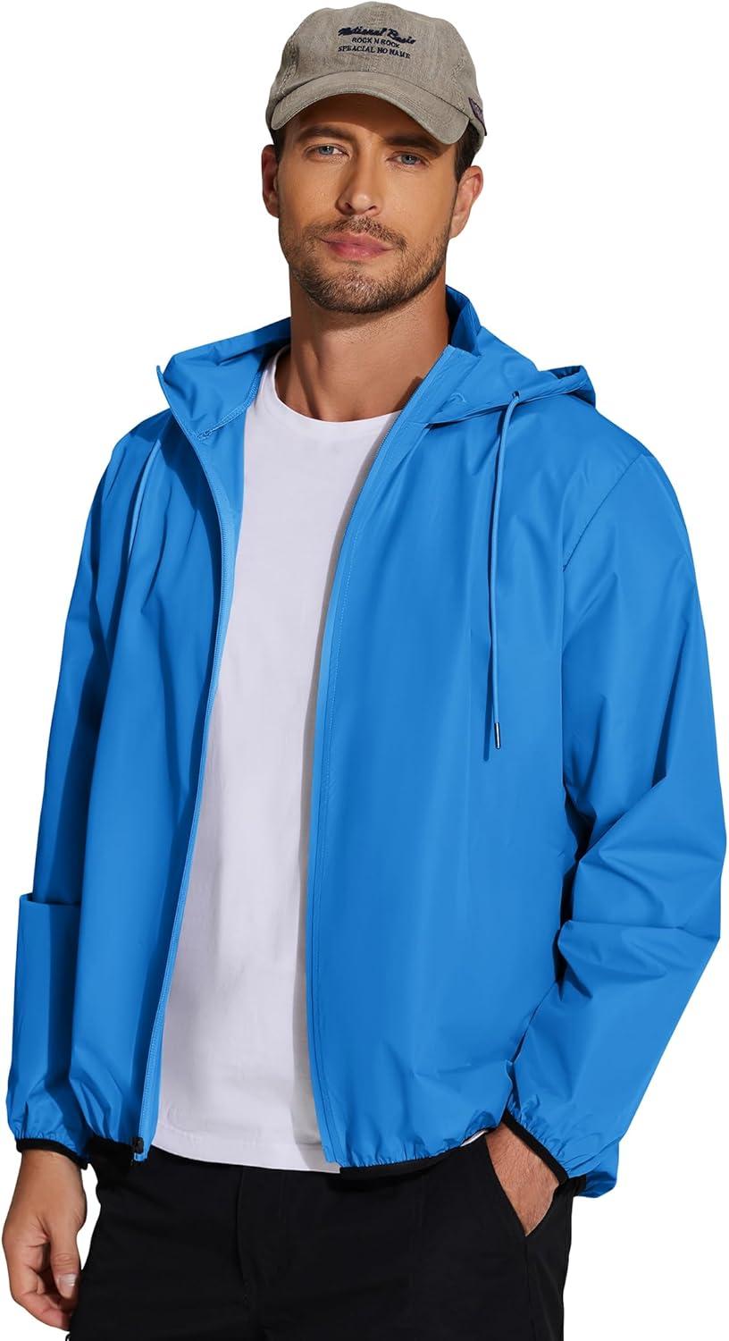 imageCOOFANDY Mens Packable Rain Jacket Lightweight Waterproof Raincoat with Hood Travel Hiking Golf WindbreakerBlue