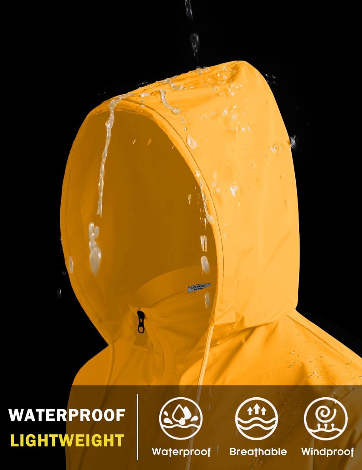 imageCOOFANDY Mens Packable Rain Jacket Lightweight Waterproof Raincoat with Hood Travel Hiking Golf WindbreakerGolden Yellow