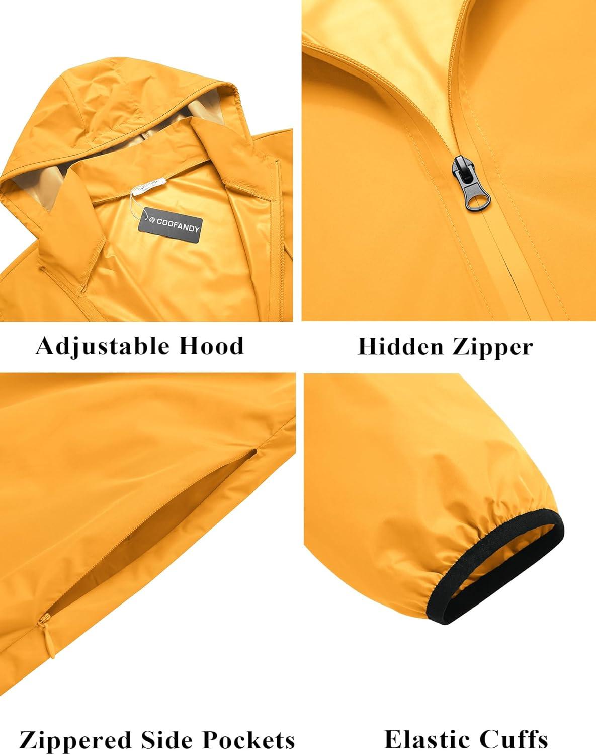 imageCOOFANDY Mens Packable Rain Jacket Lightweight Waterproof Raincoat with Hood Travel Hiking Golf WindbreakerGolden Yellow