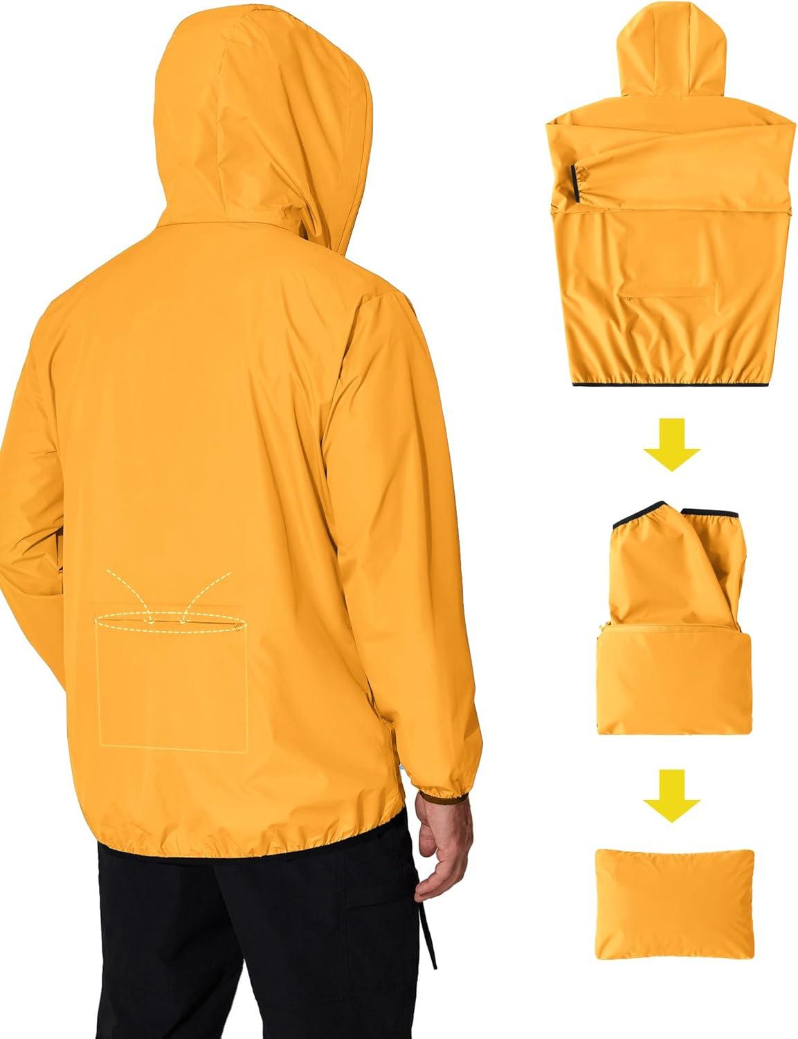 imageCOOFANDY Mens Packable Rain Jacket Lightweight Waterproof Raincoat with Hood Travel Hiking Golf WindbreakerGolden Yellow