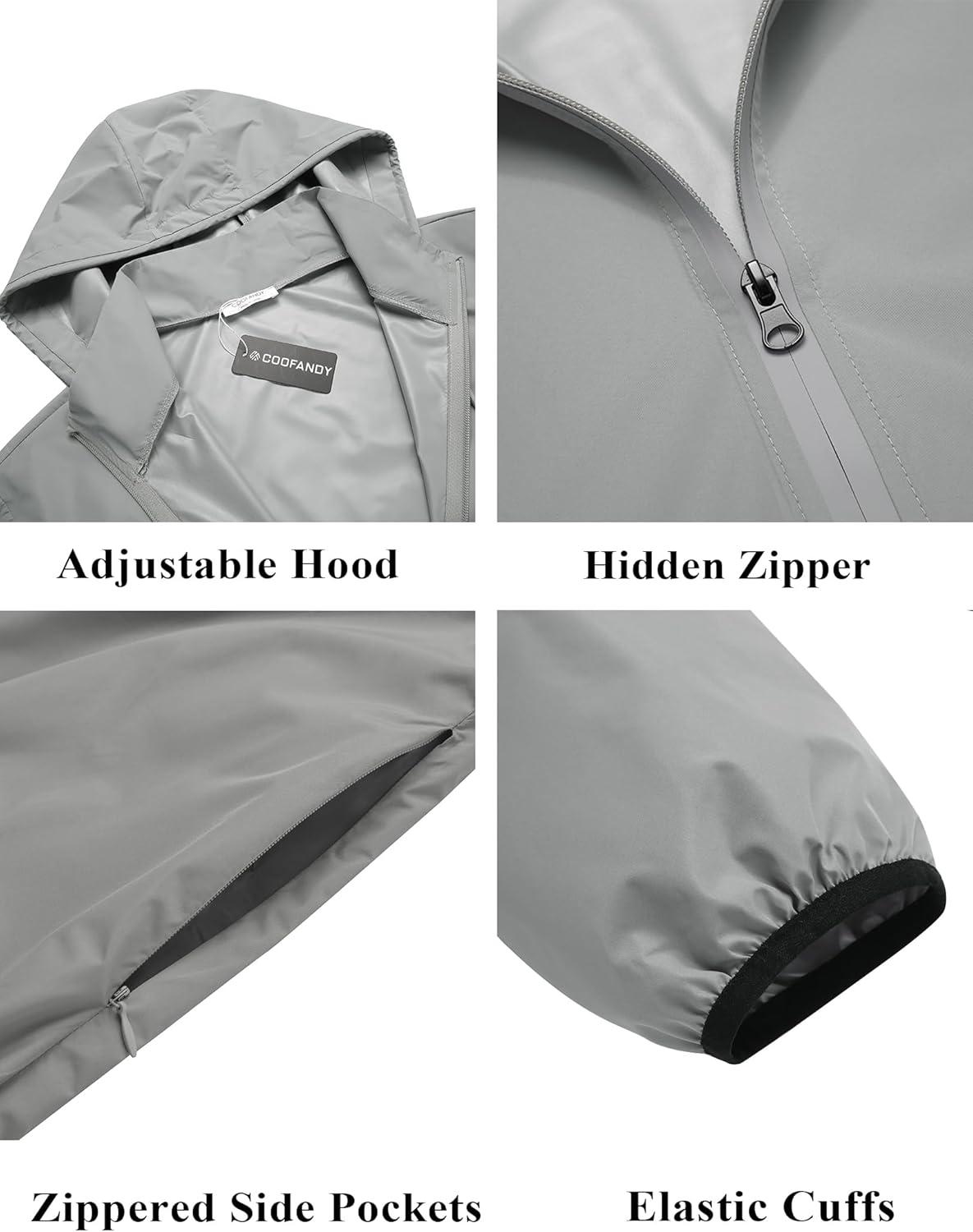 imageCOOFANDY Mens Packable Rain Jacket Lightweight Waterproof Raincoat with Hood Travel Hiking Golf WindbreakerGray