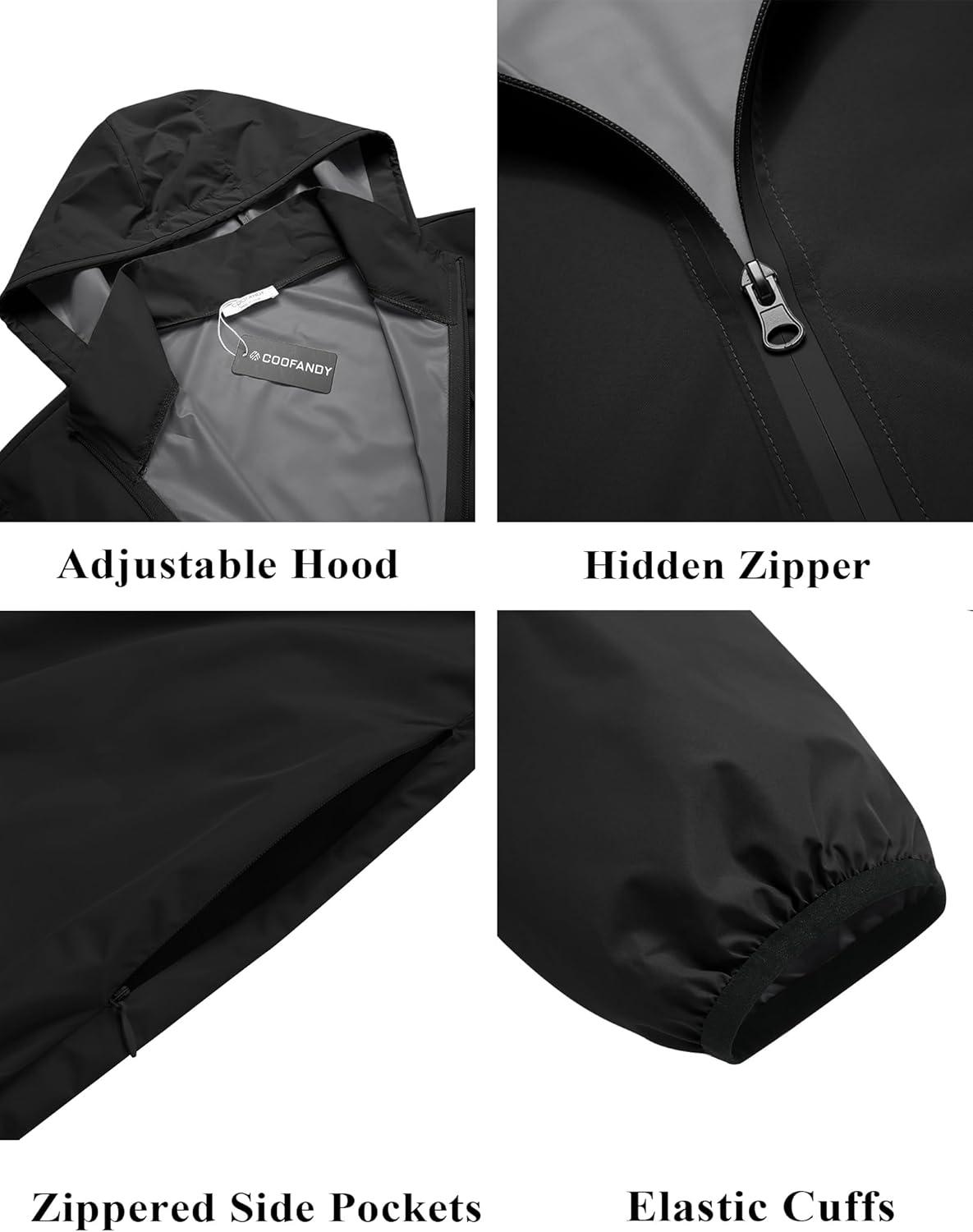 imageCOOFANDY Mens Packable Rain Jacket Lightweight Waterproof Raincoat with Hood Travel Hiking Golf WindbreakerSolid Black