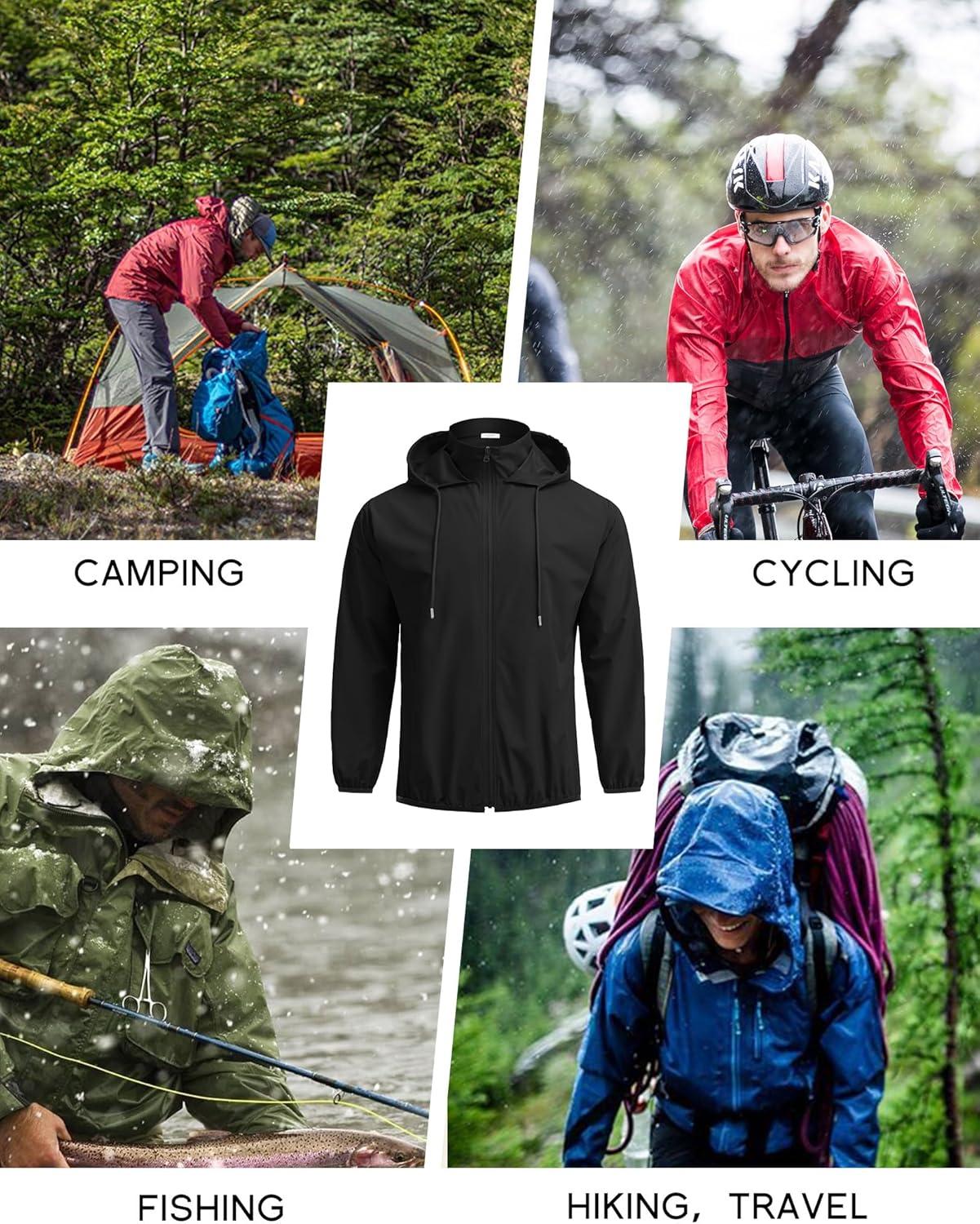 imageCOOFANDY Mens Packable Rain Jacket Lightweight Waterproof Raincoat with Hood Travel Hiking Golf WindbreakerSolid Black