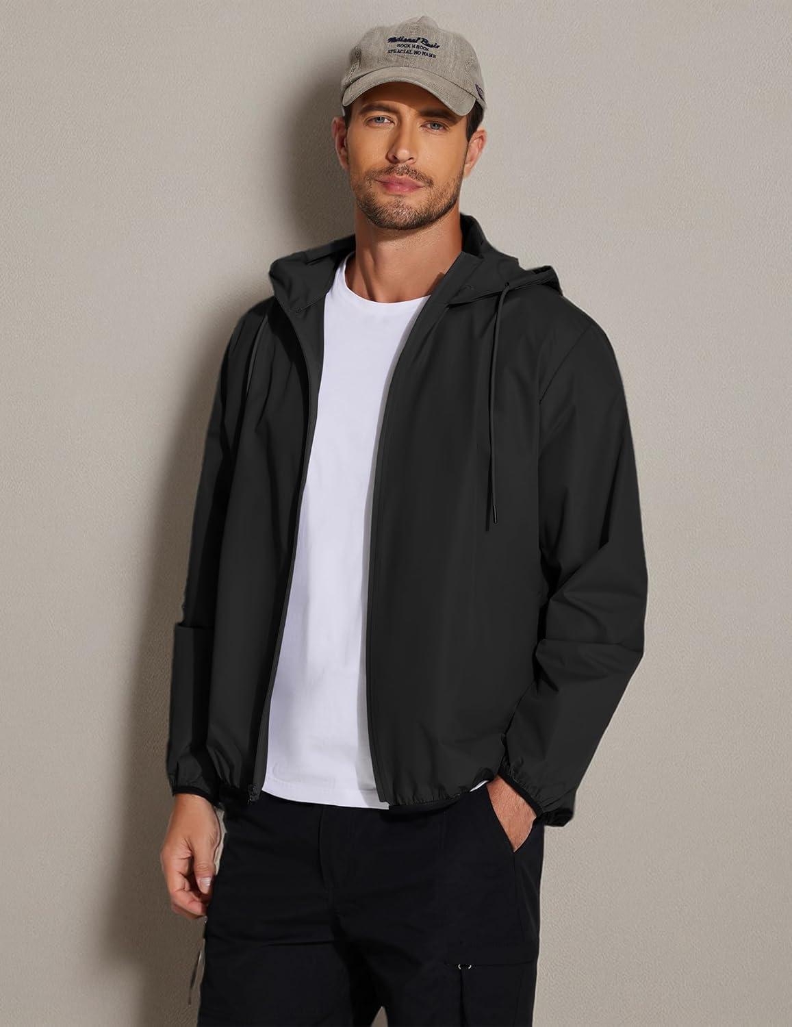 imageCOOFANDY Mens Packable Rain Jacket Lightweight Waterproof Raincoat with Hood Travel Hiking Golf WindbreakerSolid Black