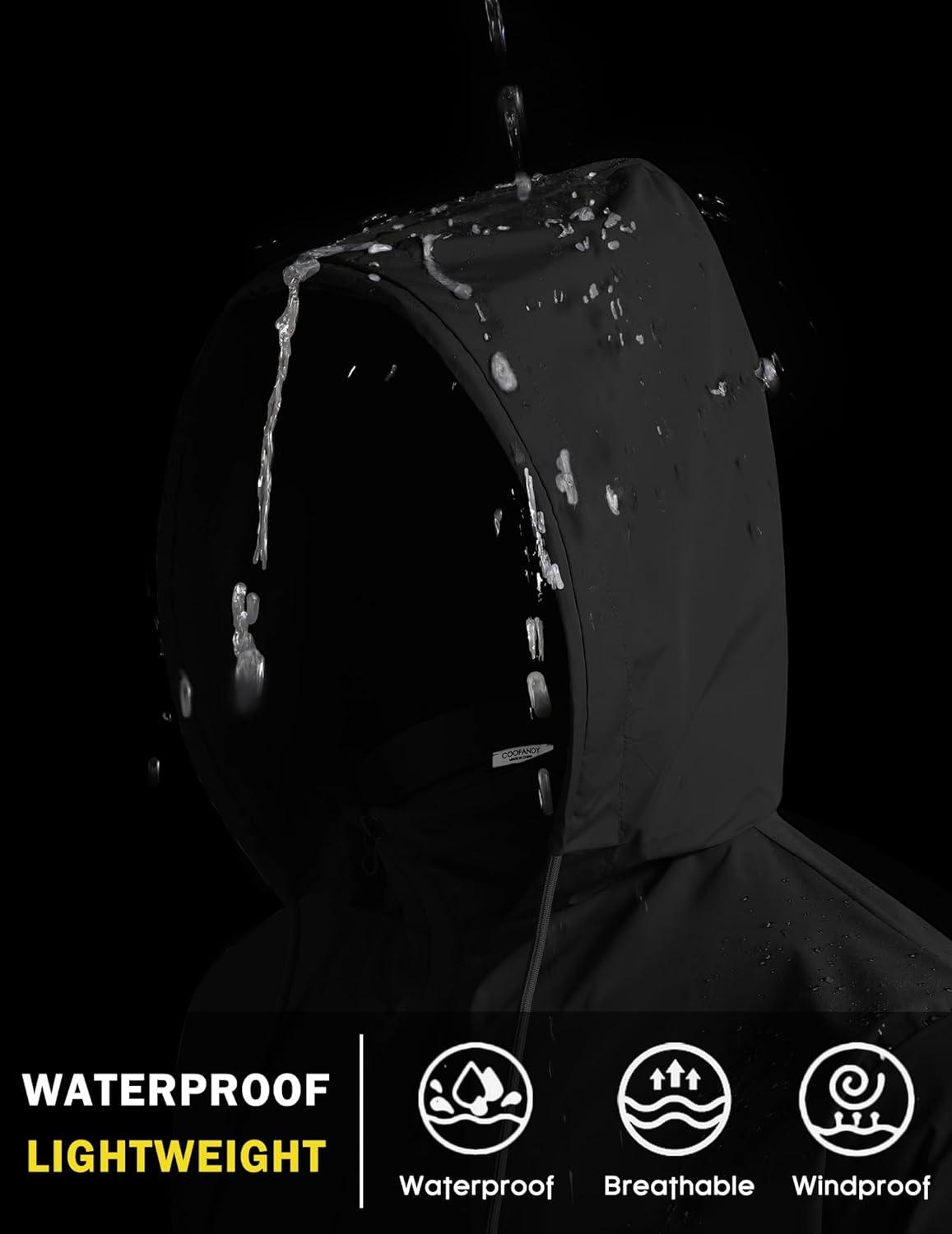 imageCOOFANDY Mens Packable Rain Jacket Lightweight Waterproof Raincoat with Hood Travel Hiking Golf WindbreakerSolid Black