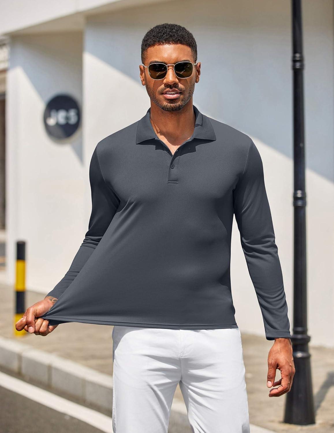 imageCOOFANDY Mens Polo Shirt Long Sleeve Moisture Wicking Golf Shirts Sun Protection Collared Work Shirts3 Pack Black Dark Grey Navy Blue