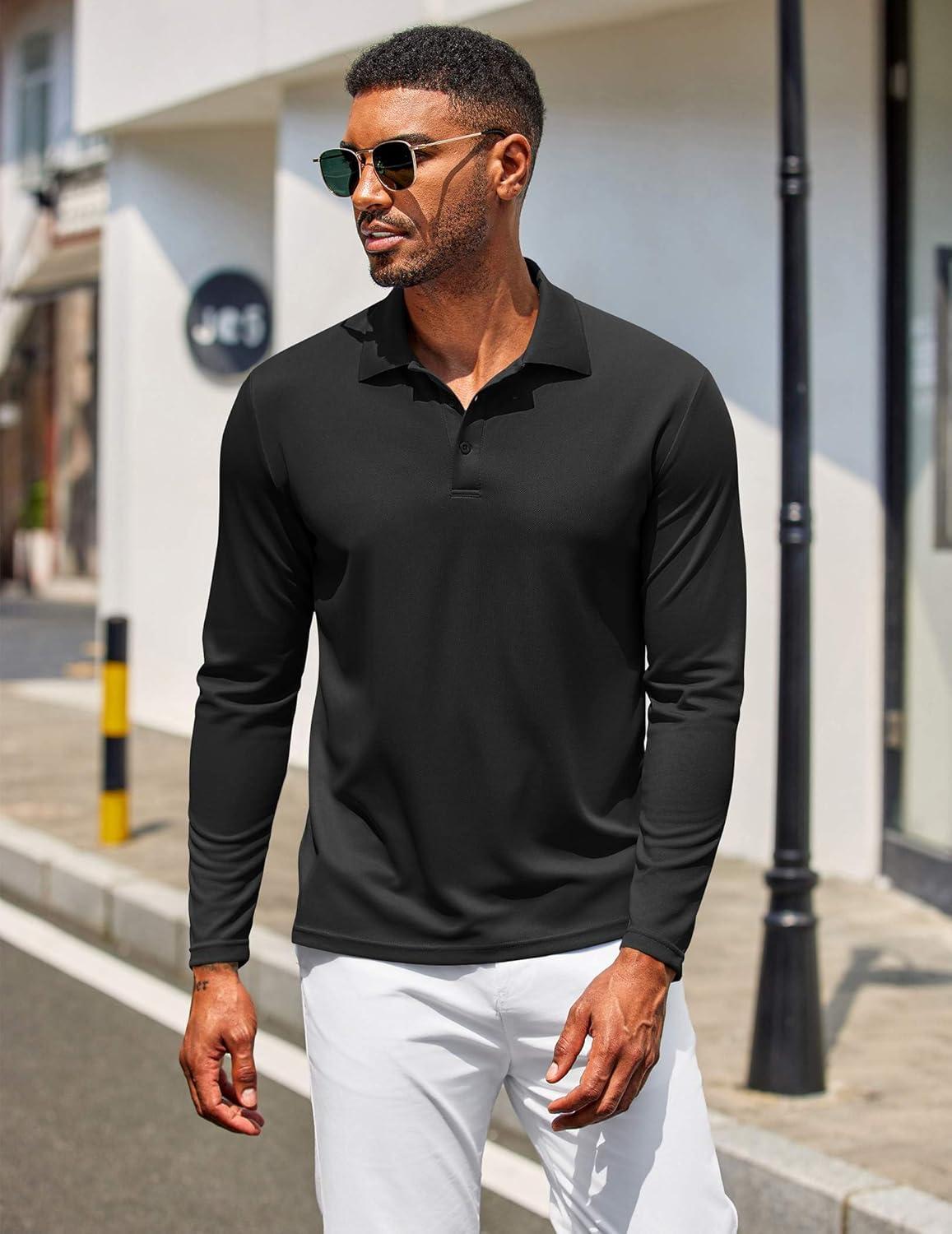 imageCOOFANDY Mens Polo Shirt Long Sleeve Moisture Wicking Golf Shirts Sun Protection Collared Work Shirts3 Pack Black White Dark Grey