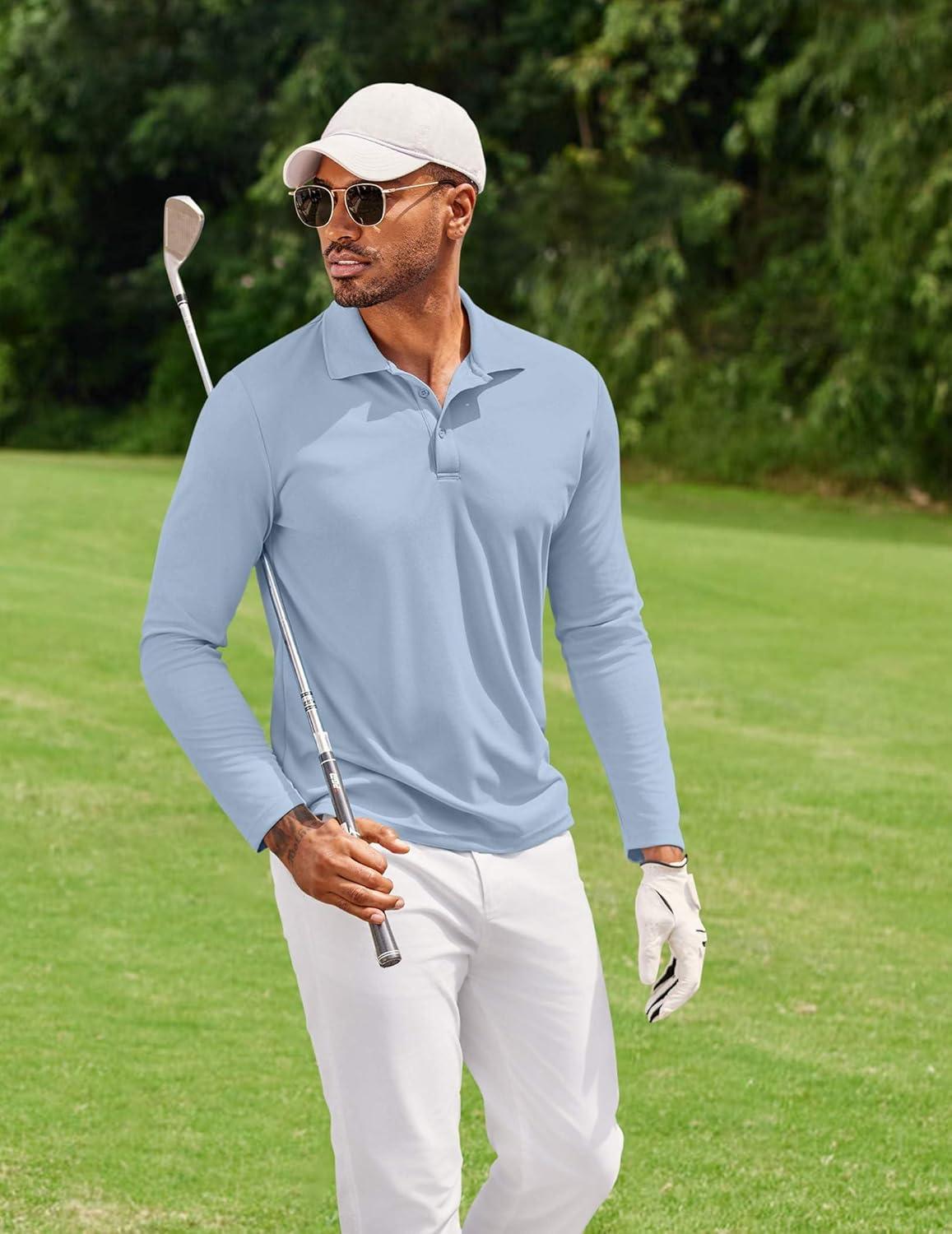 imageCOOFANDY Mens Polo Shirt Long Sleeve Moisture Wicking Golf Shirts Sun Protection Collared Work Shirts3 Pack Light Blue White Light Grey