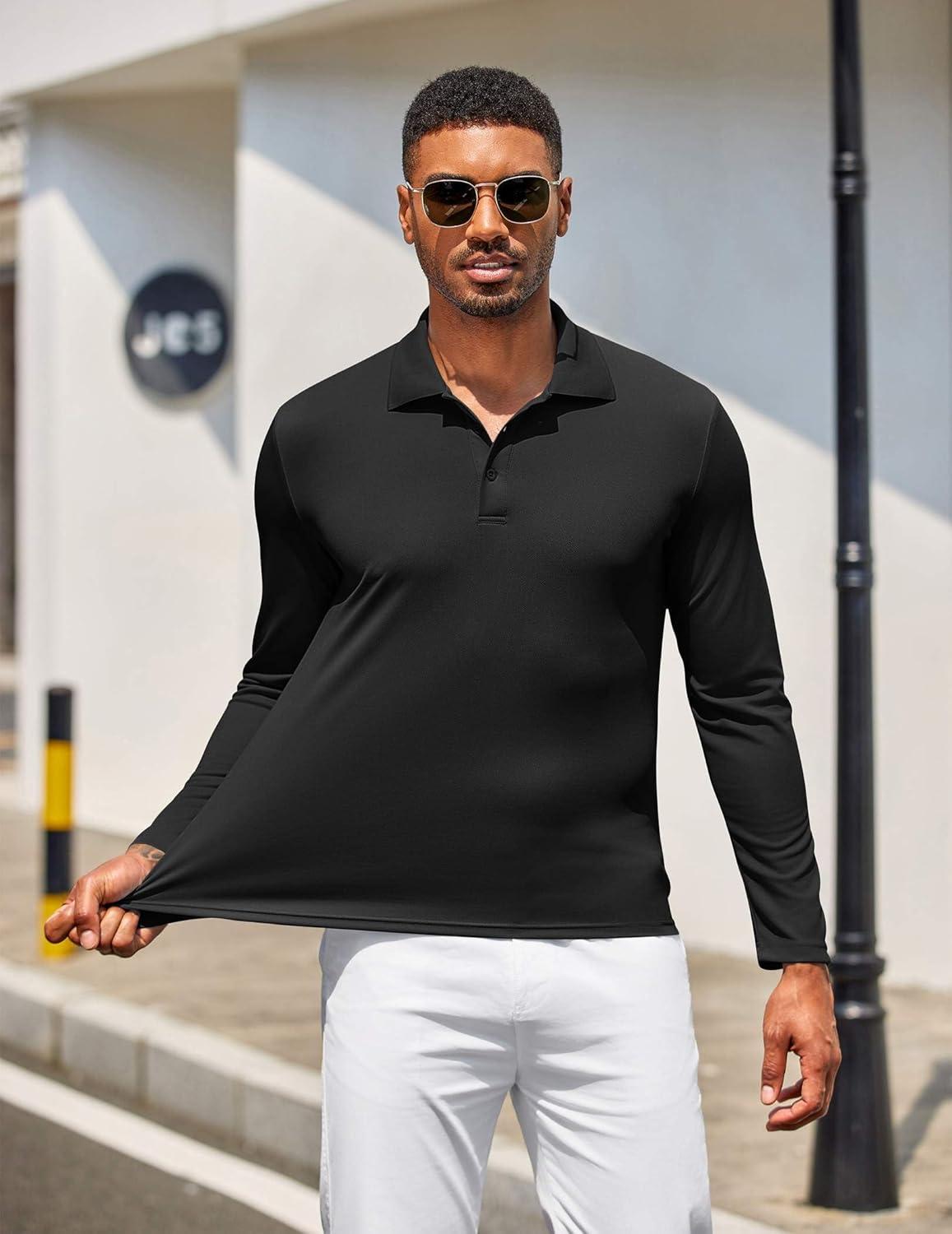 imageCOOFANDY Mens Polo Shirt Long Sleeve Moisture Wicking Golf Shirts Sun Protection Collared Work ShirtsBlack