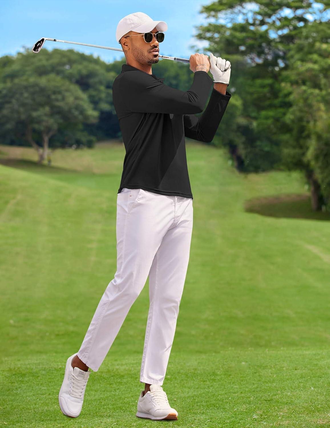 imageCOOFANDY Mens Polo Shirt Long Sleeve Moisture Wicking Golf Shirts Sun Protection Collared Work ShirtsBlack