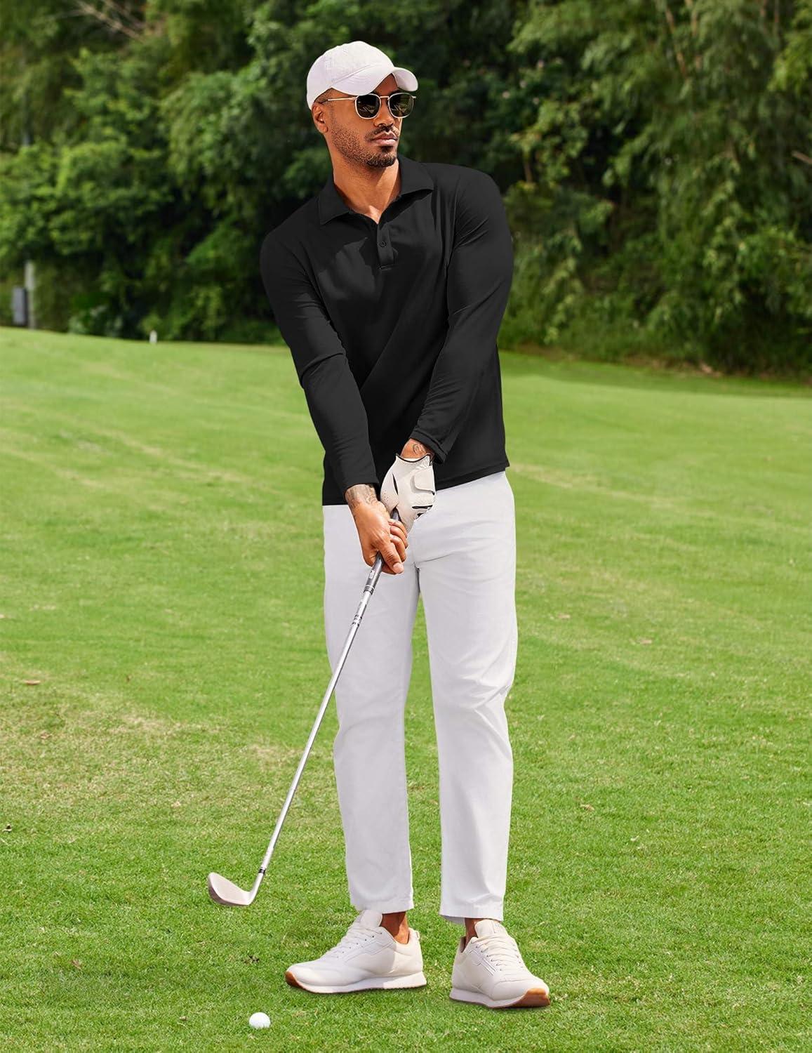 imageCOOFANDY Mens Polo Shirt Long Sleeve Moisture Wicking Golf Shirts Sun Protection Collared Work ShirtsBlack