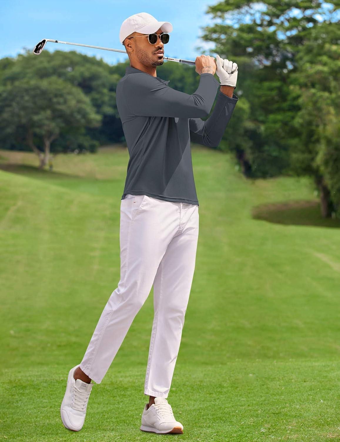 imageCOOFANDY Mens Polo Shirt Long Sleeve Moisture Wicking Golf Shirts Sun Protection Collared Work ShirtsDark Grey