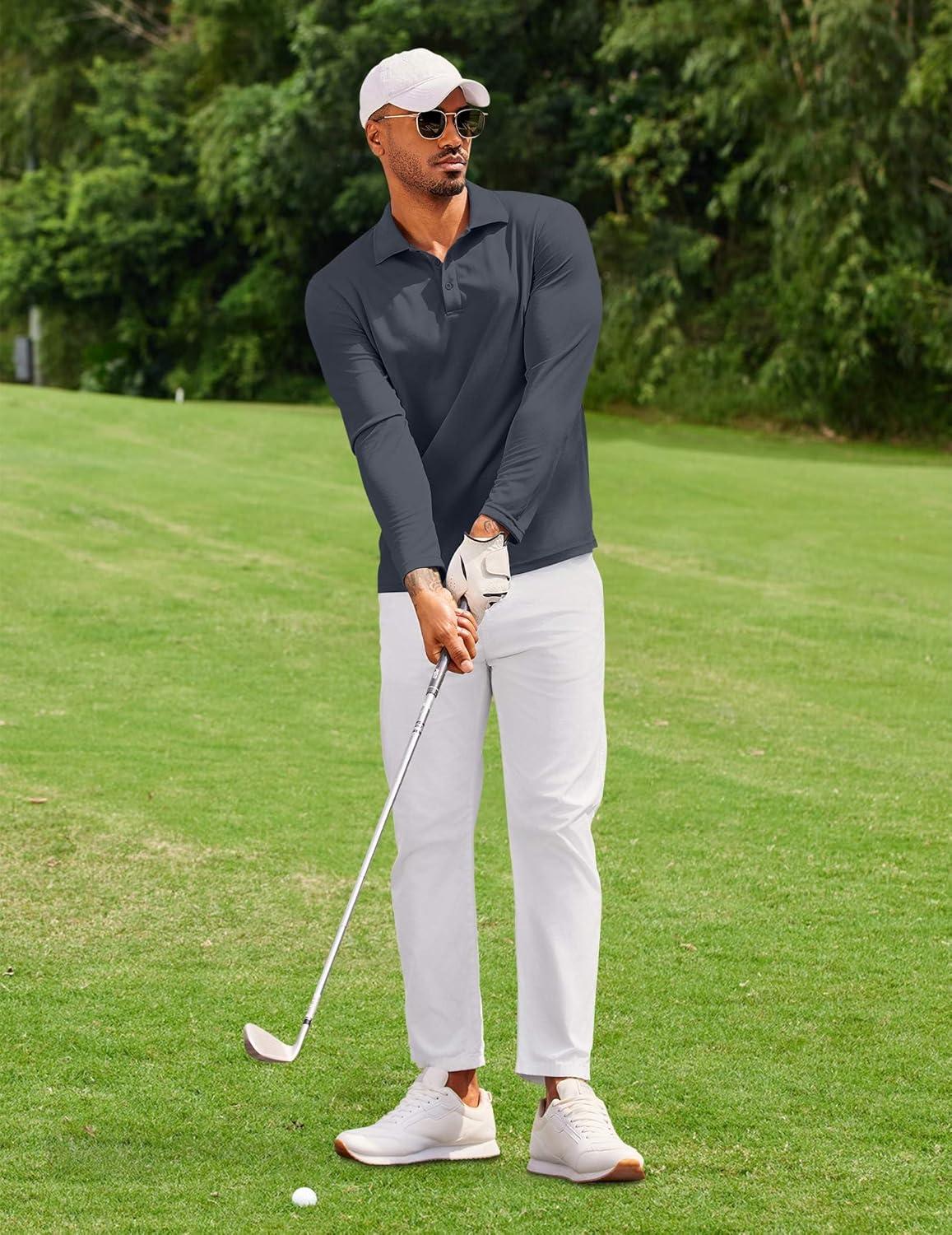 imageCOOFANDY Mens Polo Shirt Long Sleeve Moisture Wicking Golf Shirts Sun Protection Collared Work ShirtsDark Grey