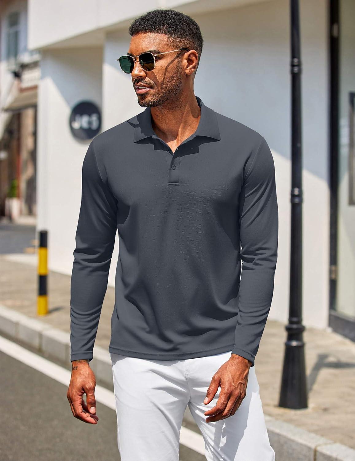 imageCOOFANDY Mens Polo Shirt Long Sleeve Moisture Wicking Golf Shirts Sun Protection Collared Work ShirtsDark Grey