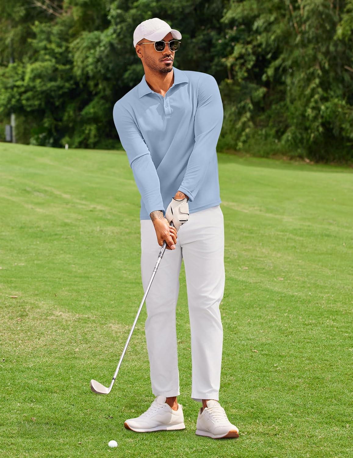 imageCOOFANDY Mens Polo Shirt Long Sleeve Moisture Wicking Golf Shirts Sun Protection Collared Work ShirtsLight Blue