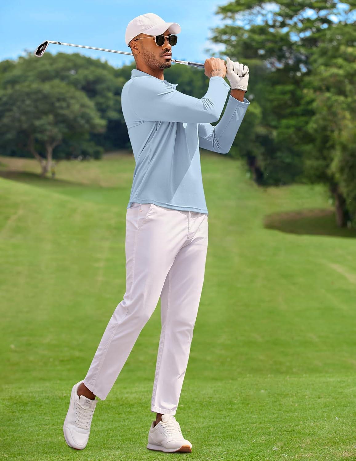 imageCOOFANDY Mens Polo Shirt Long Sleeve Moisture Wicking Golf Shirts Sun Protection Collared Work ShirtsLight Blue