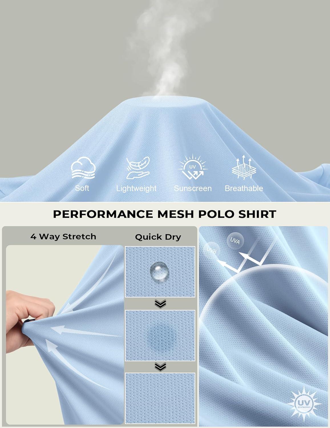 imageCOOFANDY Mens Polo Shirt Long Sleeve Moisture Wicking Golf Shirts Sun Protection Collared Work ShirtsLight Blue