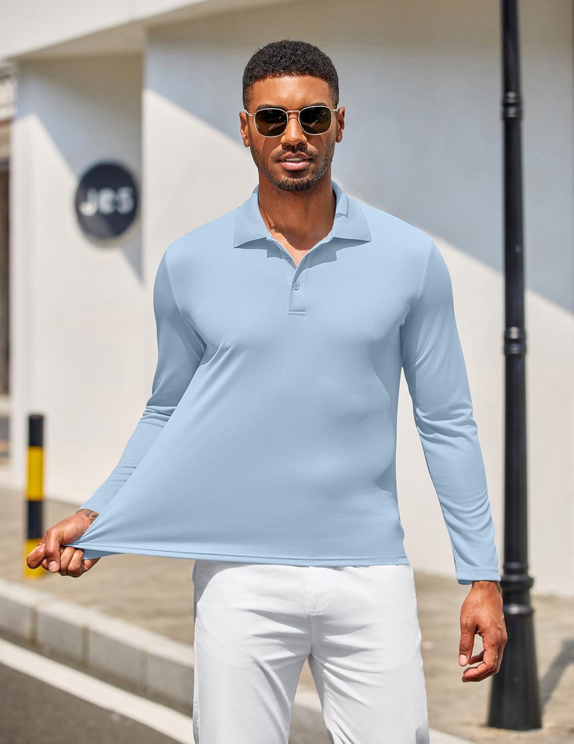 imageCOOFANDY Mens Polo Shirt Long Sleeve Moisture Wicking Golf Shirts Sun Protection Collared Work ShirtsLight Blue