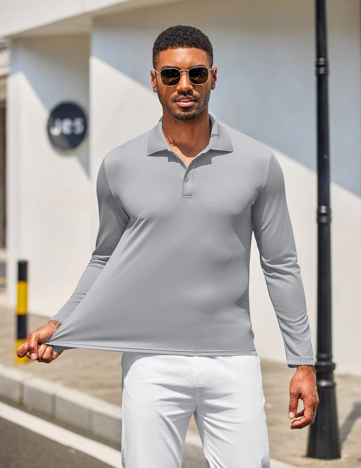 imageCOOFANDY Mens Polo Shirt Long Sleeve Moisture Wicking Golf Shirts Sun Protection Collared Work ShirtsLight Grey