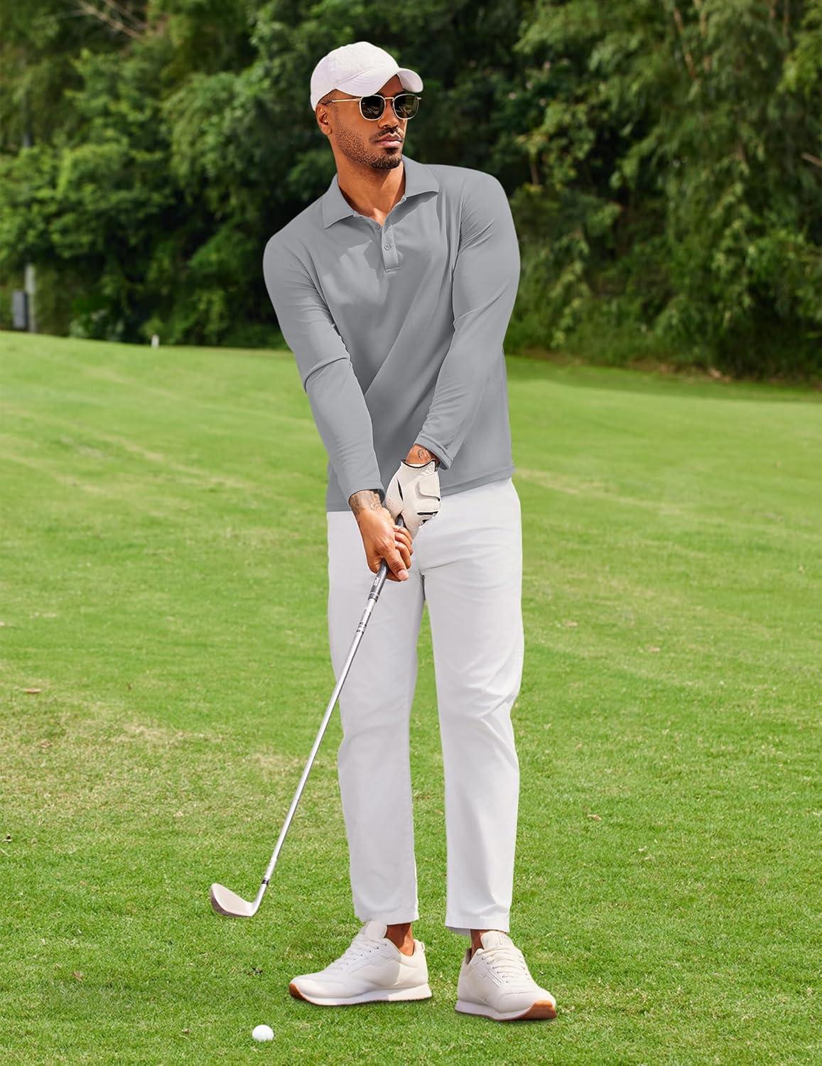 imageCOOFANDY Mens Polo Shirt Long Sleeve Moisture Wicking Golf Shirts Sun Protection Collared Work ShirtsLight Grey