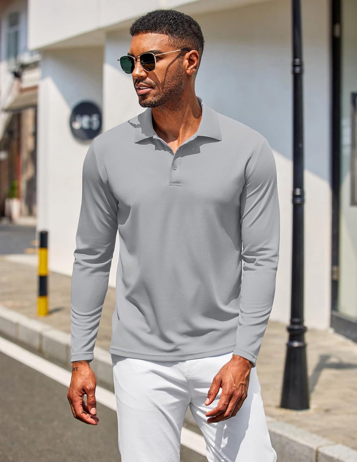 imageCOOFANDY Mens Polo Shirt Long Sleeve Moisture Wicking Golf Shirts Sun Protection Collared Work ShirtsLight Grey