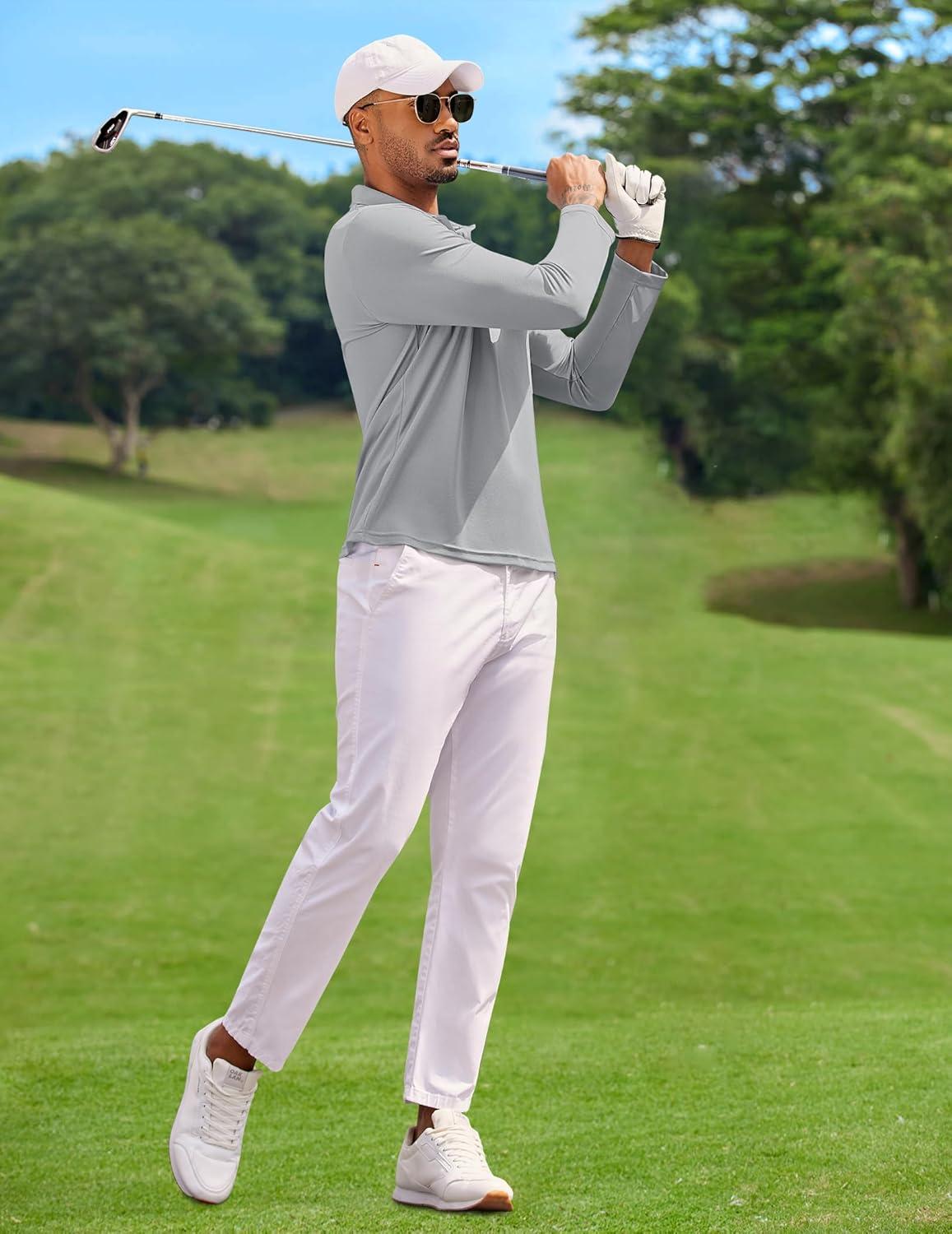 imageCOOFANDY Mens Polo Shirt Long Sleeve Moisture Wicking Golf Shirts Sun Protection Collared Work ShirtsLight Grey