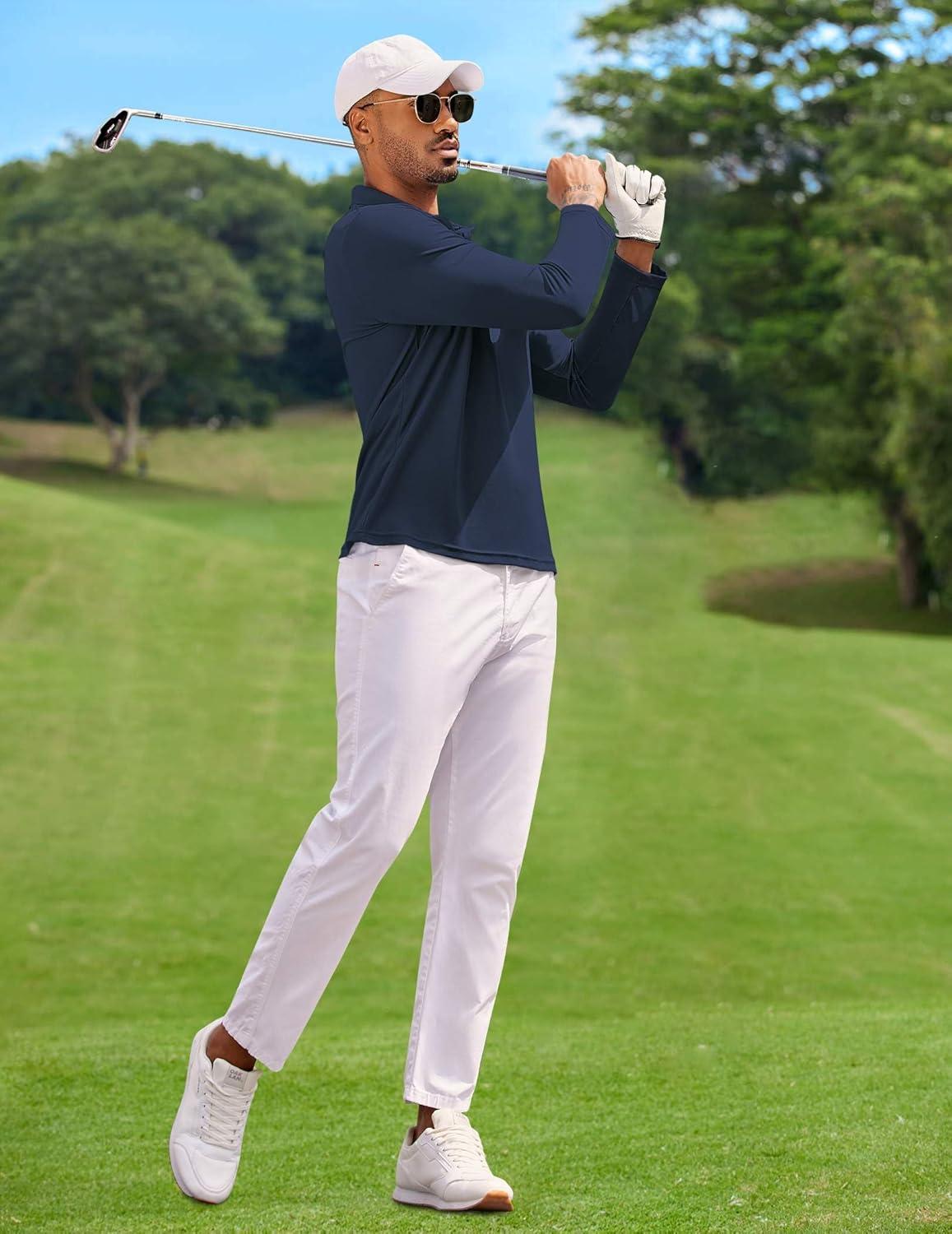 imageCOOFANDY Mens Polo Shirt Long Sleeve Moisture Wicking Golf Shirts Sun Protection Collared Work ShirtsNavy Blue