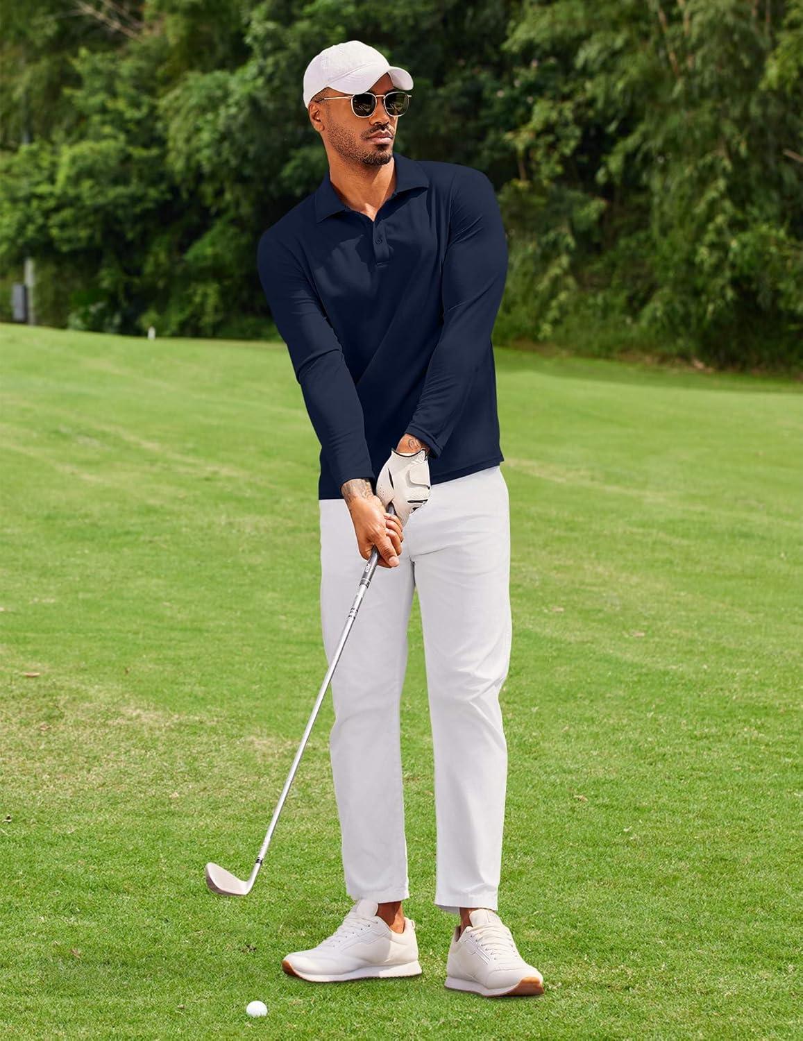 imageCOOFANDY Mens Polo Shirt Long Sleeve Moisture Wicking Golf Shirts Sun Protection Collared Work ShirtsNavy Blue