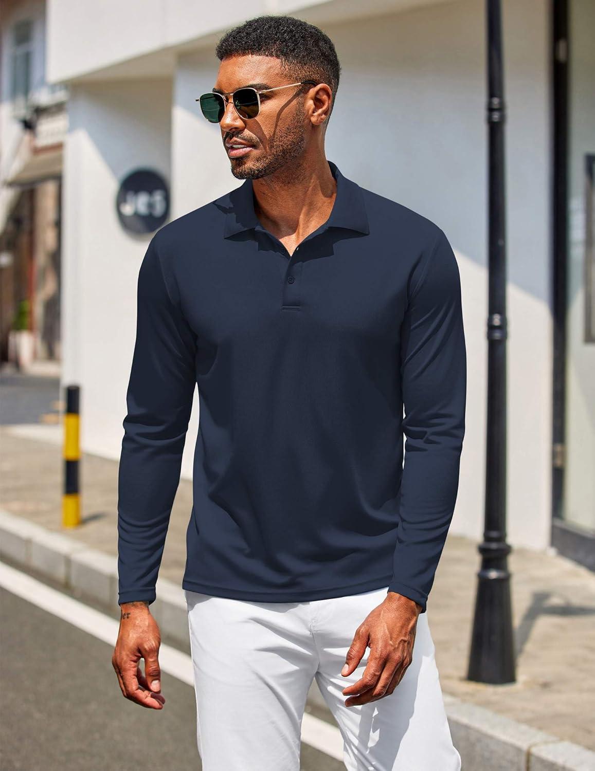 imageCOOFANDY Mens Polo Shirt Long Sleeve Moisture Wicking Golf Shirts Sun Protection Collared Work ShirtsNavy Blue