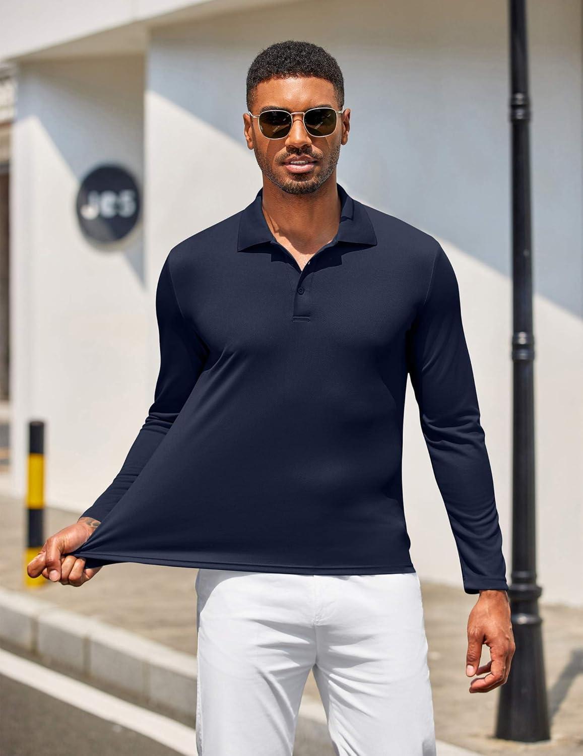 imageCOOFANDY Mens Polo Shirt Long Sleeve Moisture Wicking Golf Shirts Sun Protection Collared Work ShirtsNavy Blue