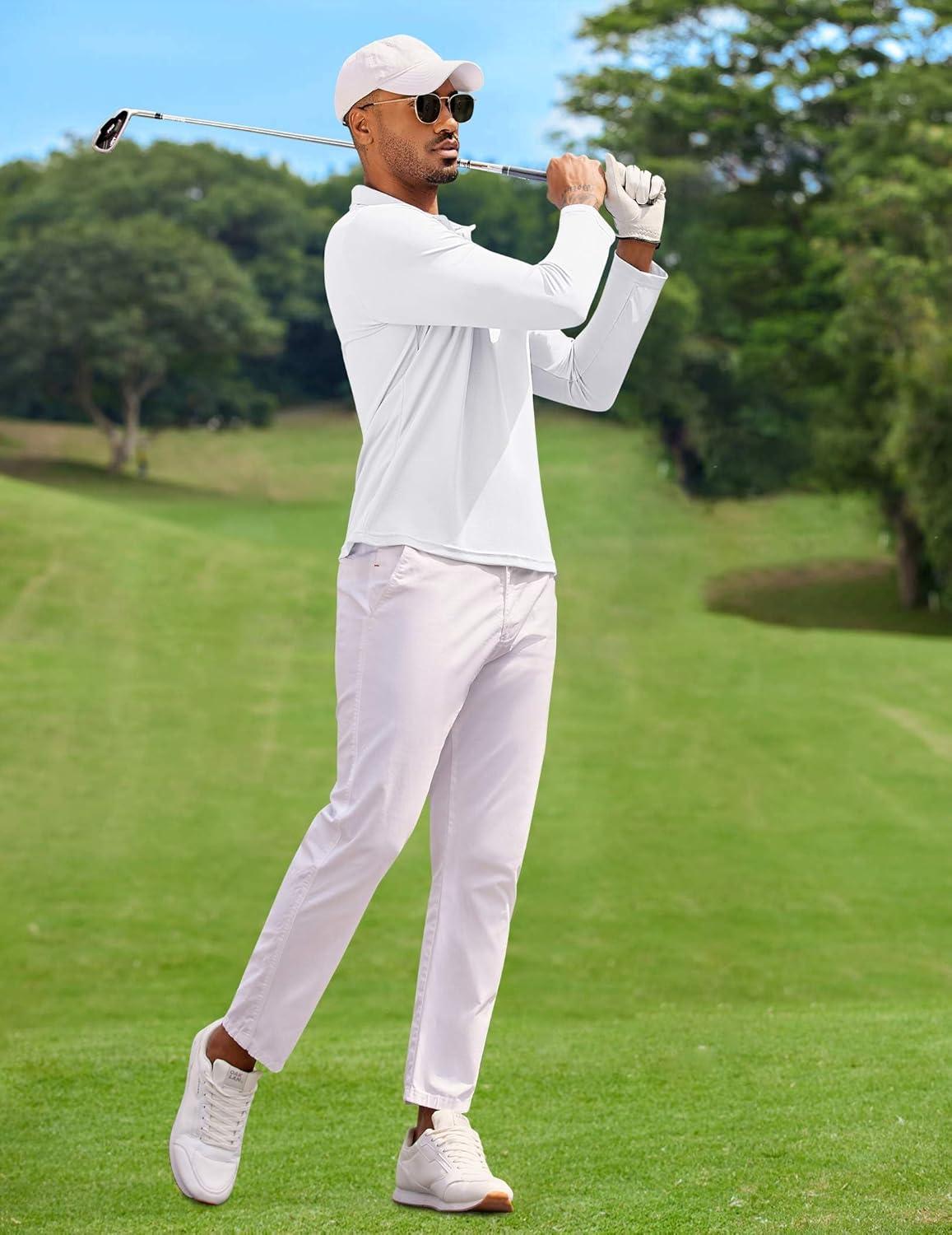 imageCOOFANDY Mens Polo Shirt Long Sleeve Moisture Wicking Golf Shirts Sun Protection Collared Work ShirtsWhite