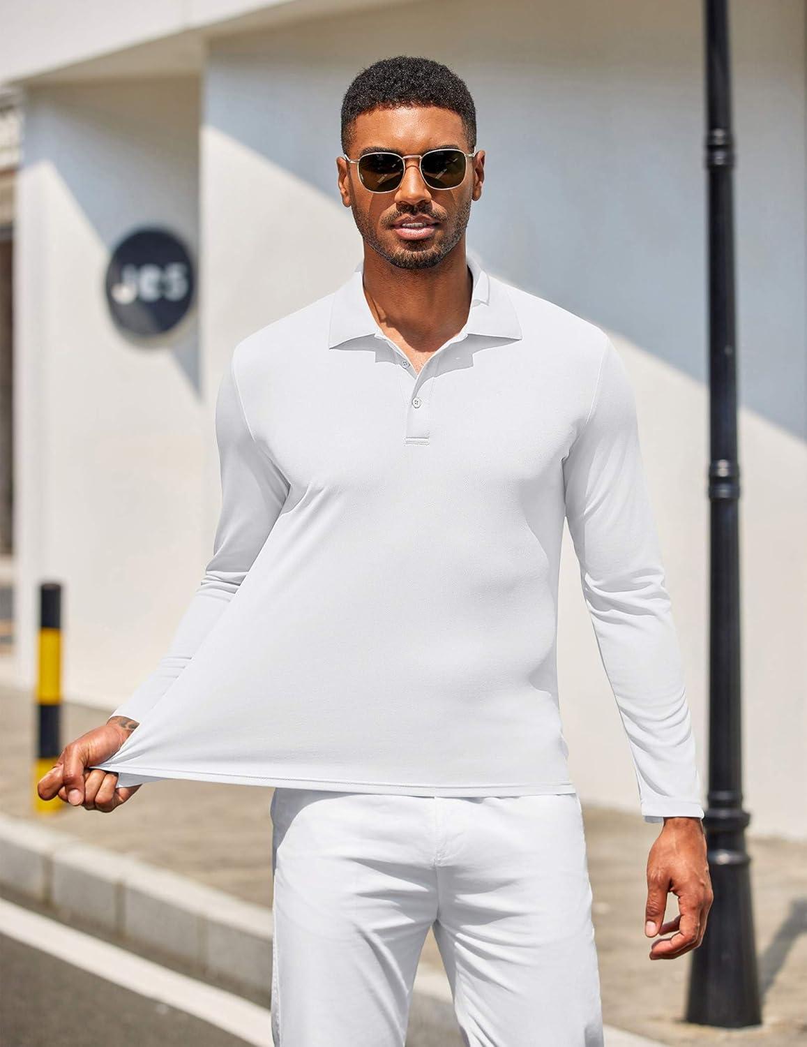 imageCOOFANDY Mens Polo Shirt Long Sleeve Moisture Wicking Golf Shirts Sun Protection Collared Work ShirtsWhite