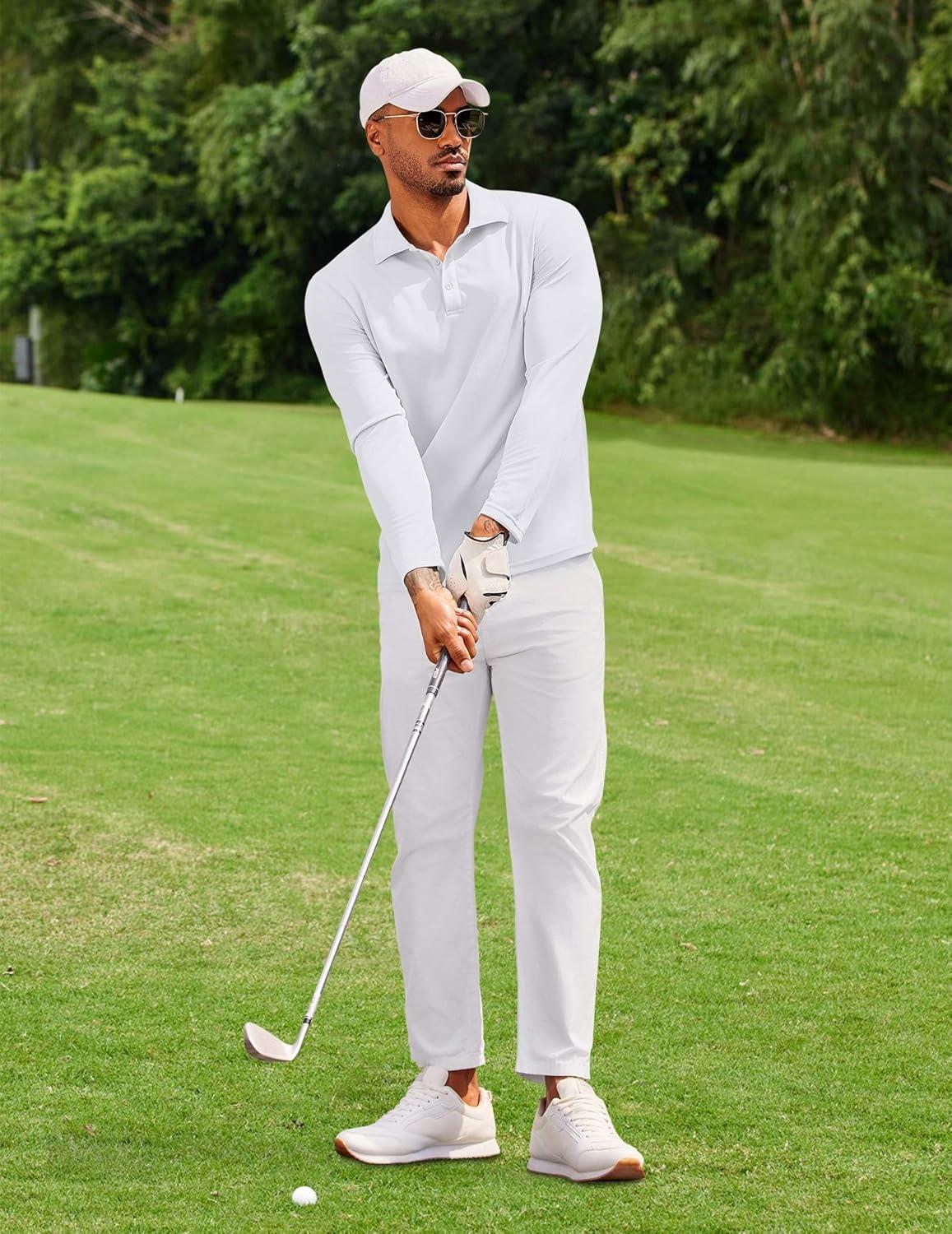 imageCOOFANDY Mens Polo Shirt Long Sleeve Moisture Wicking Golf Shirts Sun Protection Collared Work ShirtsWhite