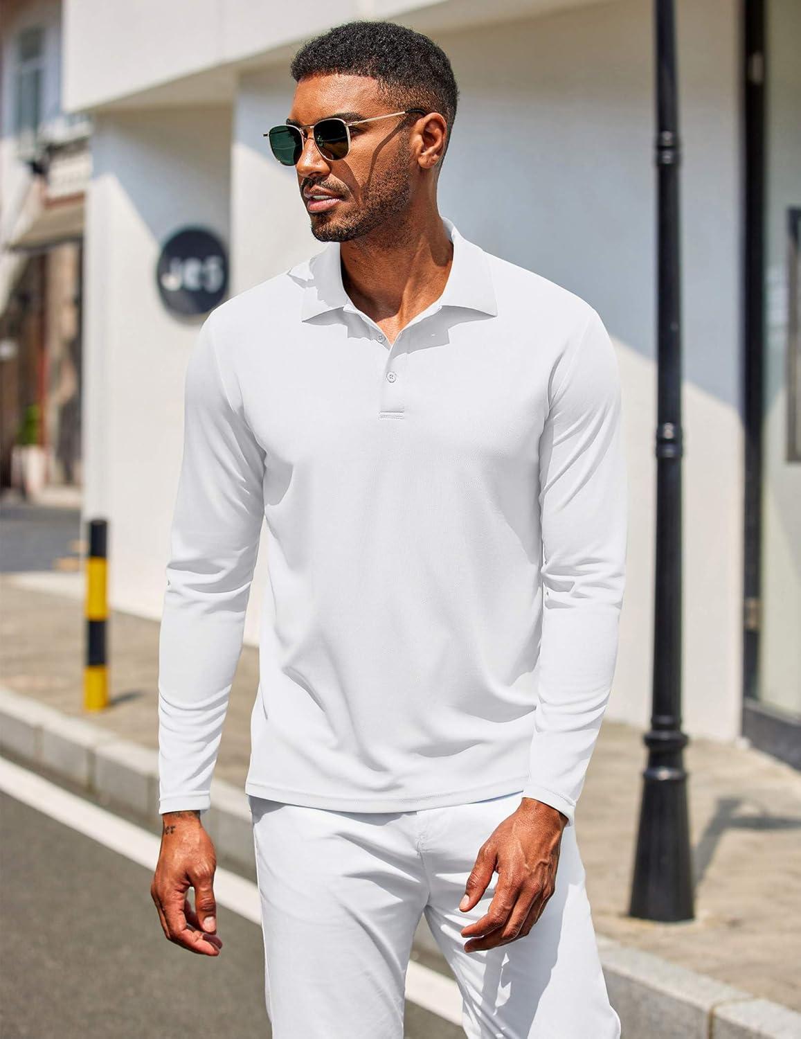 imageCOOFANDY Mens Polo Shirt Long Sleeve Moisture Wicking Golf Shirts Sun Protection Collared Work ShirtsWhite