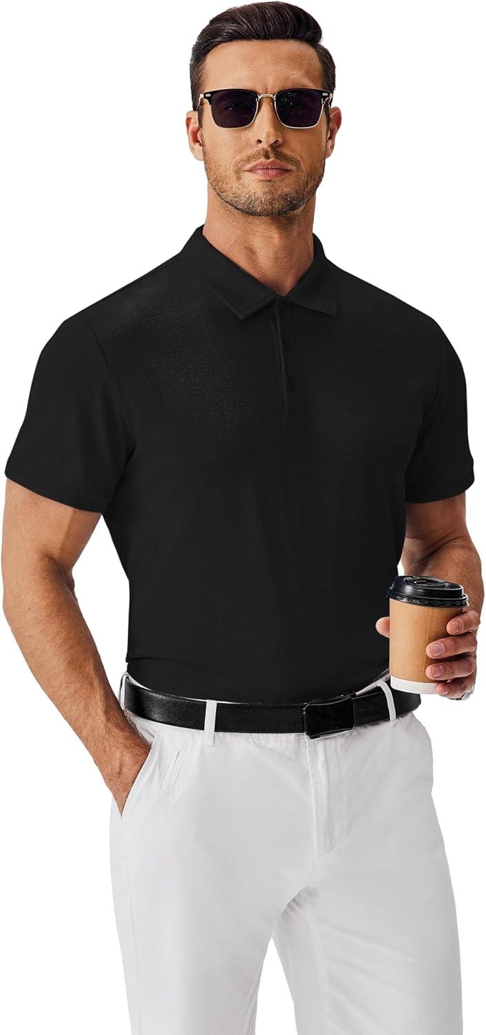 imageCOOFANDY Mens Polo Shirts Short Sleeve Classic Fit Golf Shirts Casual Solid Waffle Collared T ShirtBlack