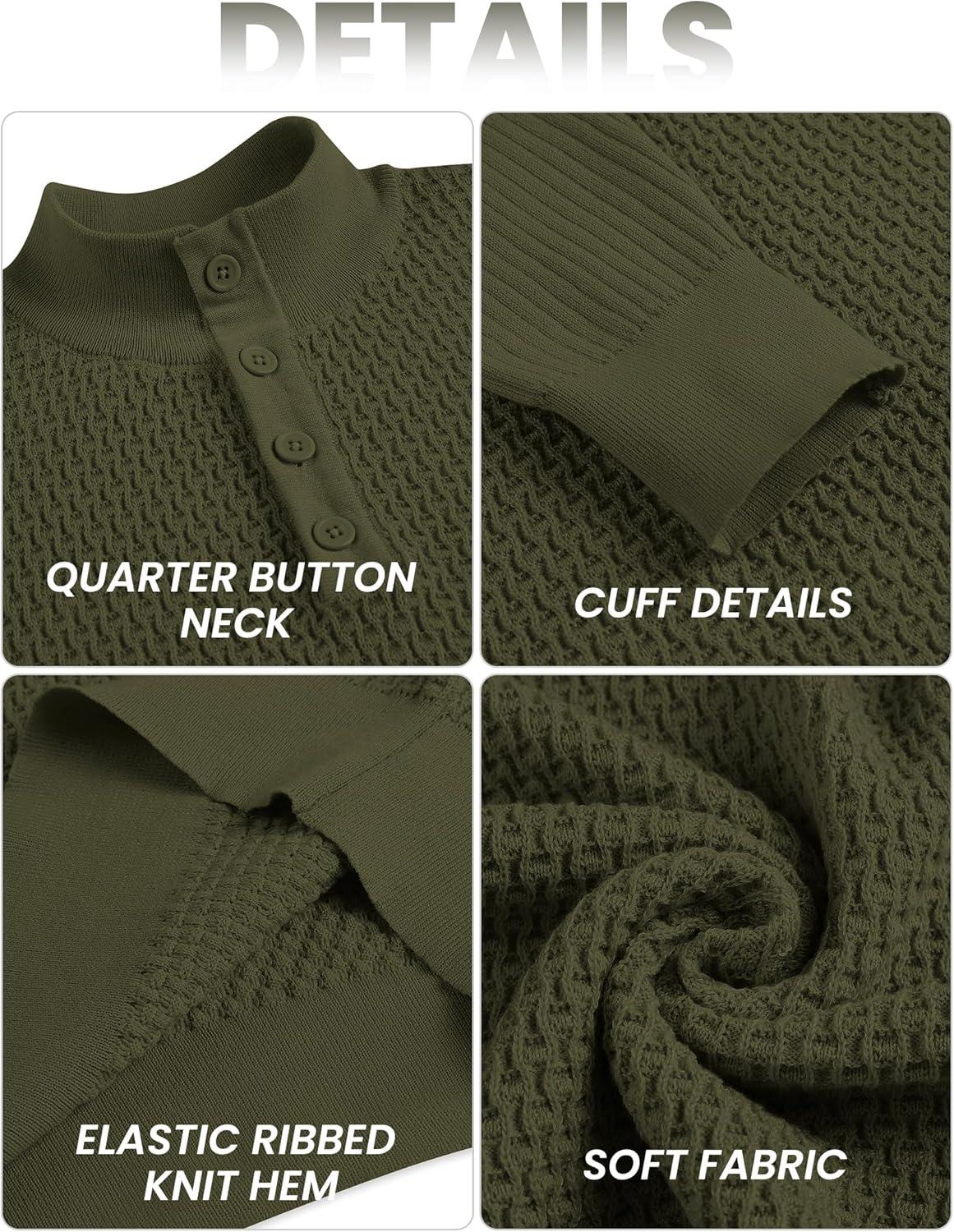 imageCOOFANDY Mens Quarter Button Sweater Lightweight Mock Neck Pullover Sweater Fashion Casual Knitted Waffle Henley SweaterArmy Green