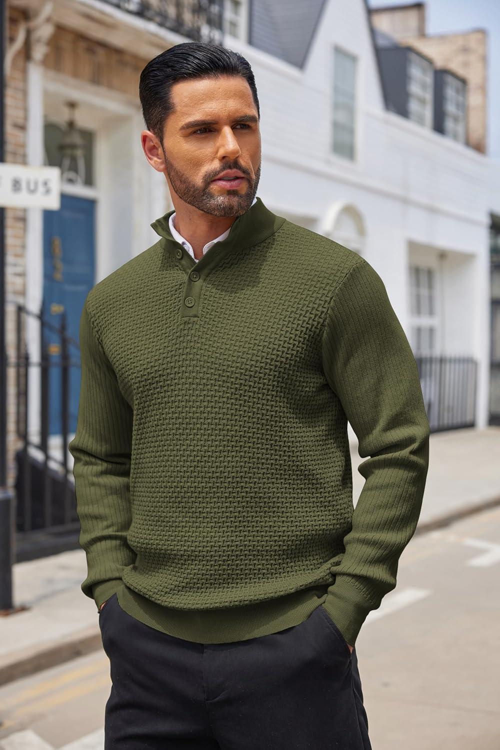 imageCOOFANDY Mens Quarter Button Sweater Lightweight Mock Neck Pullover Sweater Fashion Casual Knitted Waffle Henley SweaterArmy Green