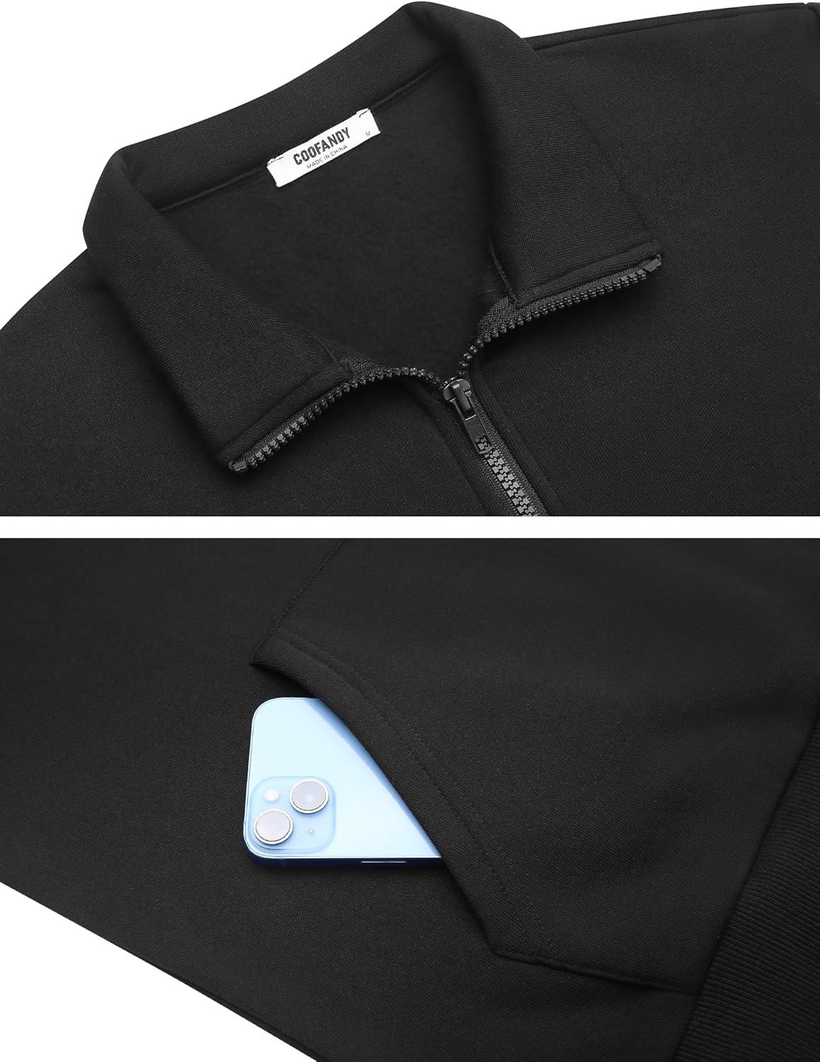 imageCOOFANDY Mens Quarter Zip Pullover Fleece Lined Sweatshirts Long Sleeve Mock Neck Sweater with PocketBlack